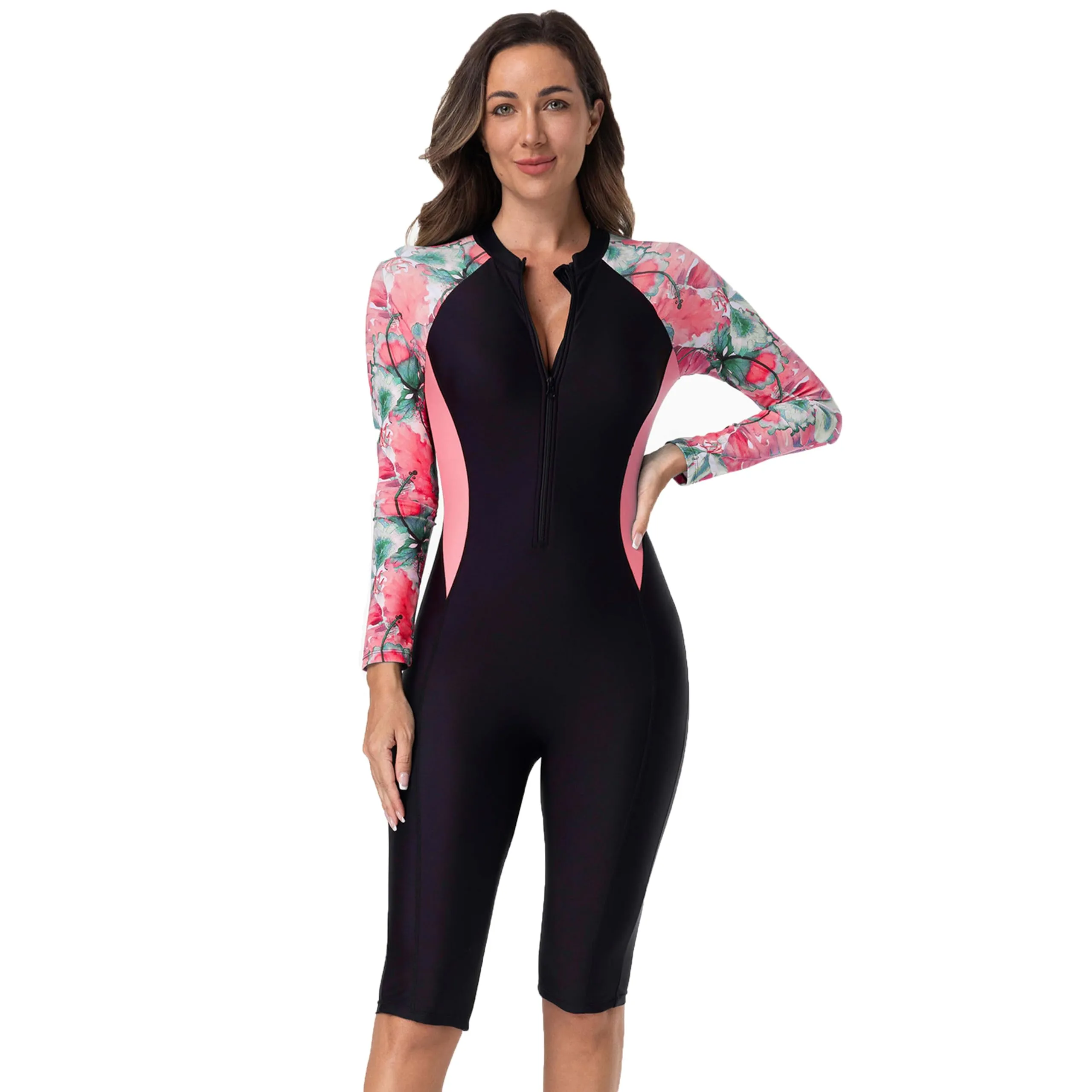 BEACHKINI Costume da Bagno Intero da Donna a Maniche Lunghe, Nero con Stampa Floreale Rosa, Protezione UV, XXL - immagine 5