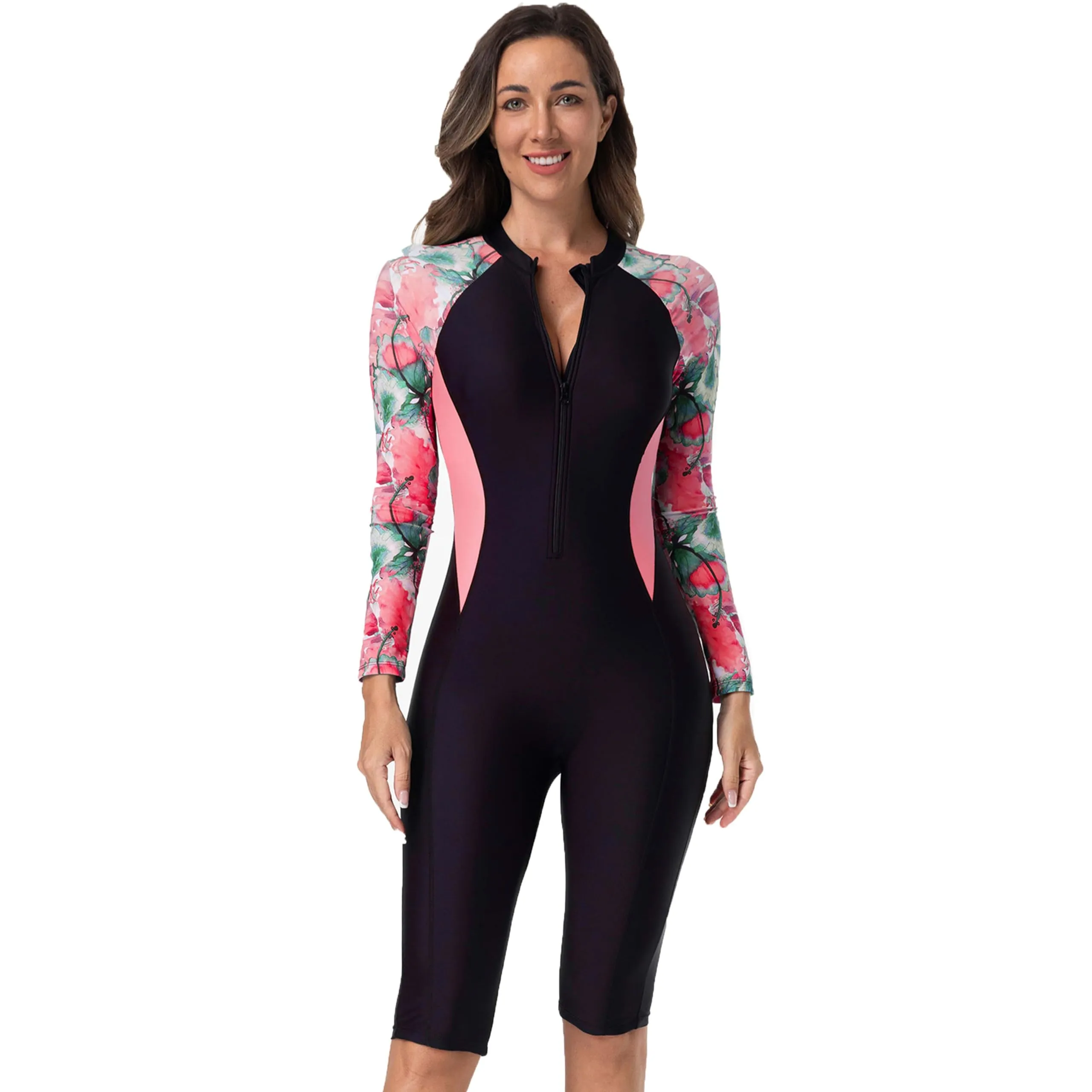 BEACHKINI Costume da Bagno Intero da Donna a Maniche Lunghe, Nero con Stampa Floreale Rosa, Protezione UV, Rosa Pastello, XL - immagine 1