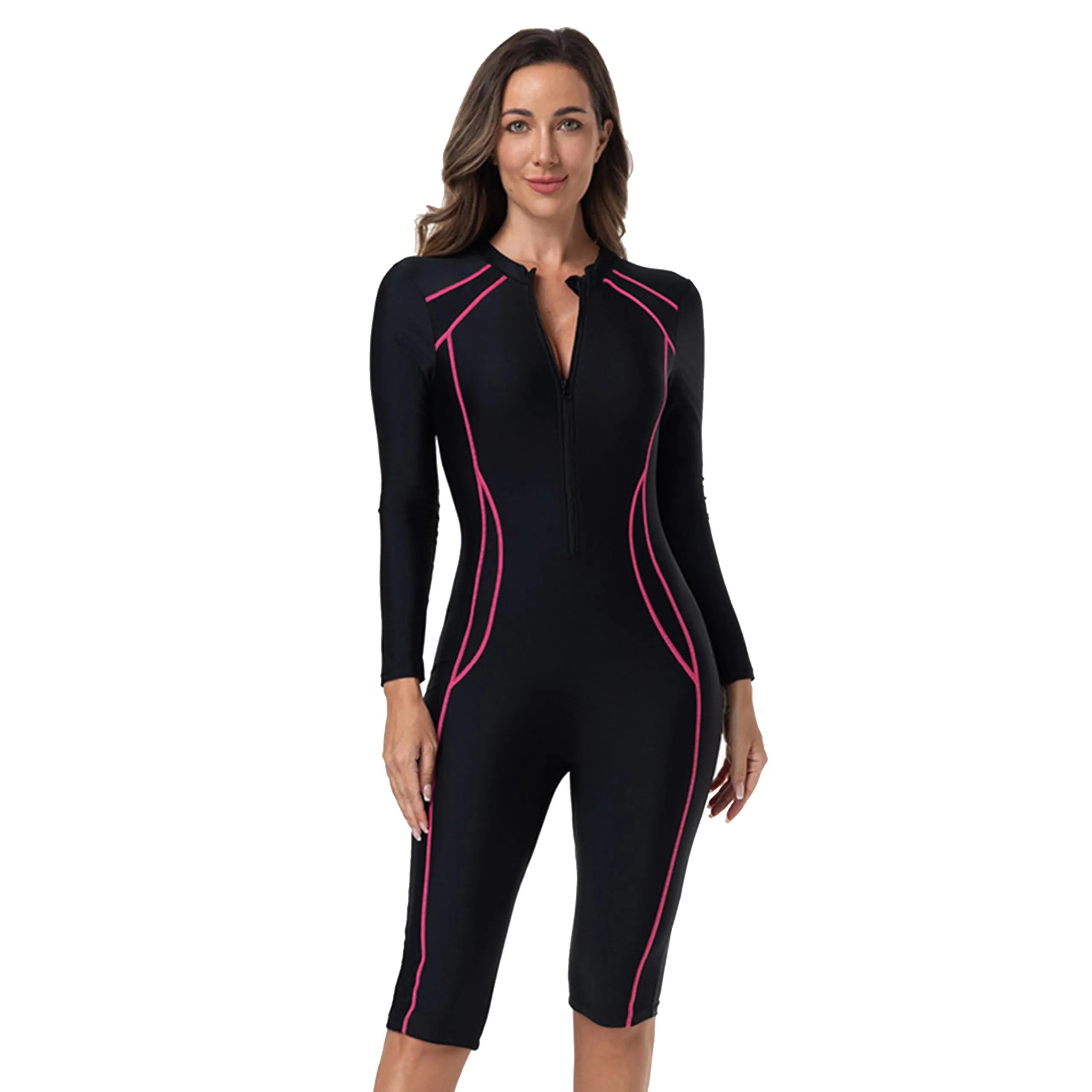 BEACHKINI Costume da Bagno Intero con Zip e Maniche Lunghe da Donna, Nero con Strisce Rosse, Protezione UV, XXL - immagine 4