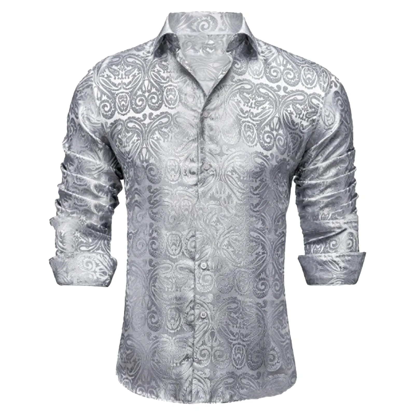 Generico Camicia da Uomo in Seta a Fantasia Paisley, Maniche Lunghe, Taglio Regolare, Bianco, 6XL - immagine 1