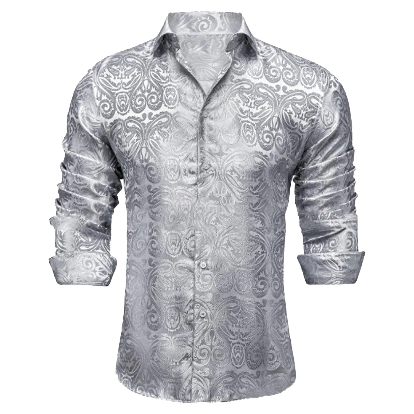Generico Camicia da Uomo in Seta a Fantasia Paisley, Maniche Lunghe, Taglio Regolare, Bianco, 6XL - immagine 3