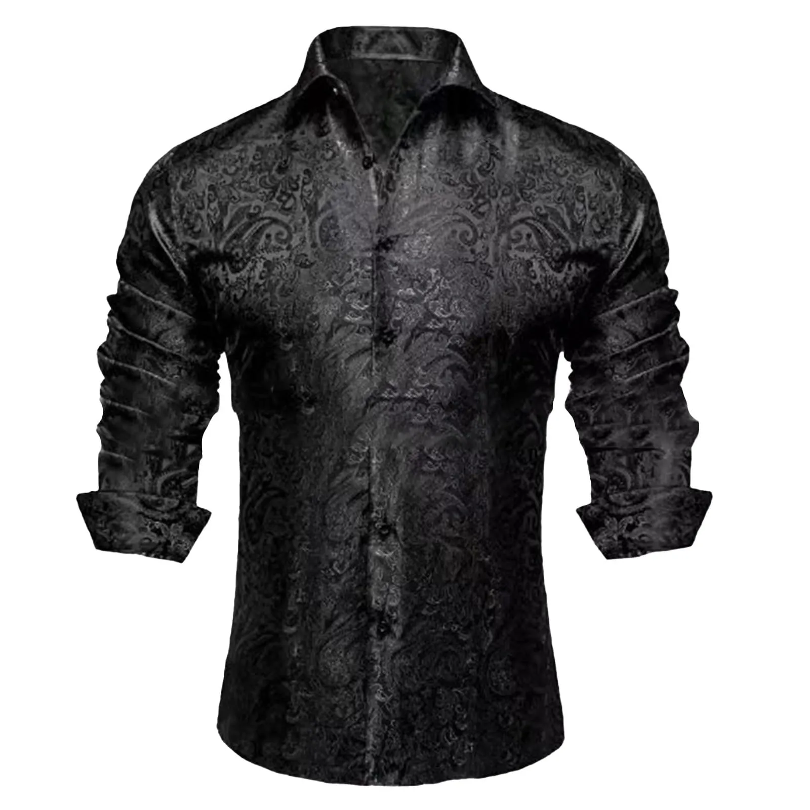 Generico Camicia da Uomo in Seta Fantasia Paisley, Maniche Lunghe, Taglio Regolare (Nero, L) - immagine 3