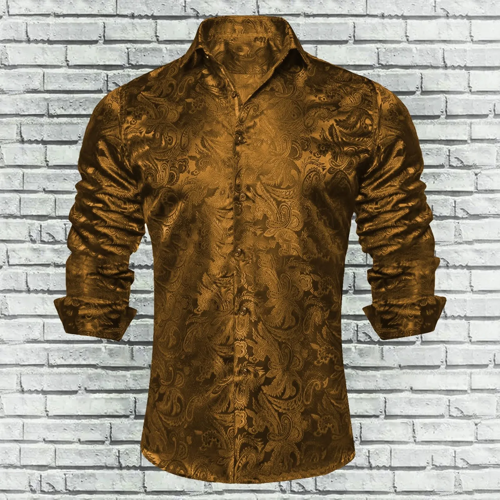 Camicia da Uomo in Seta Fantasia Paisley, Maniche Lunghe, Taglio Regolare, Oro, 5XL - immagine 2