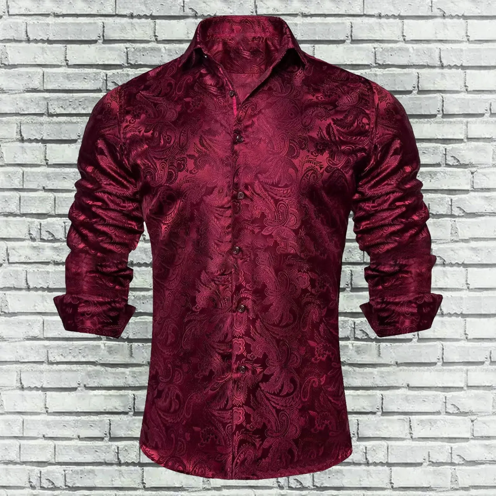 Generico Camicia da Uomo in Seta Fantasia Paisley Maniche Lunghe Taglio Regolare, Vino, 3XL - immagine 2
