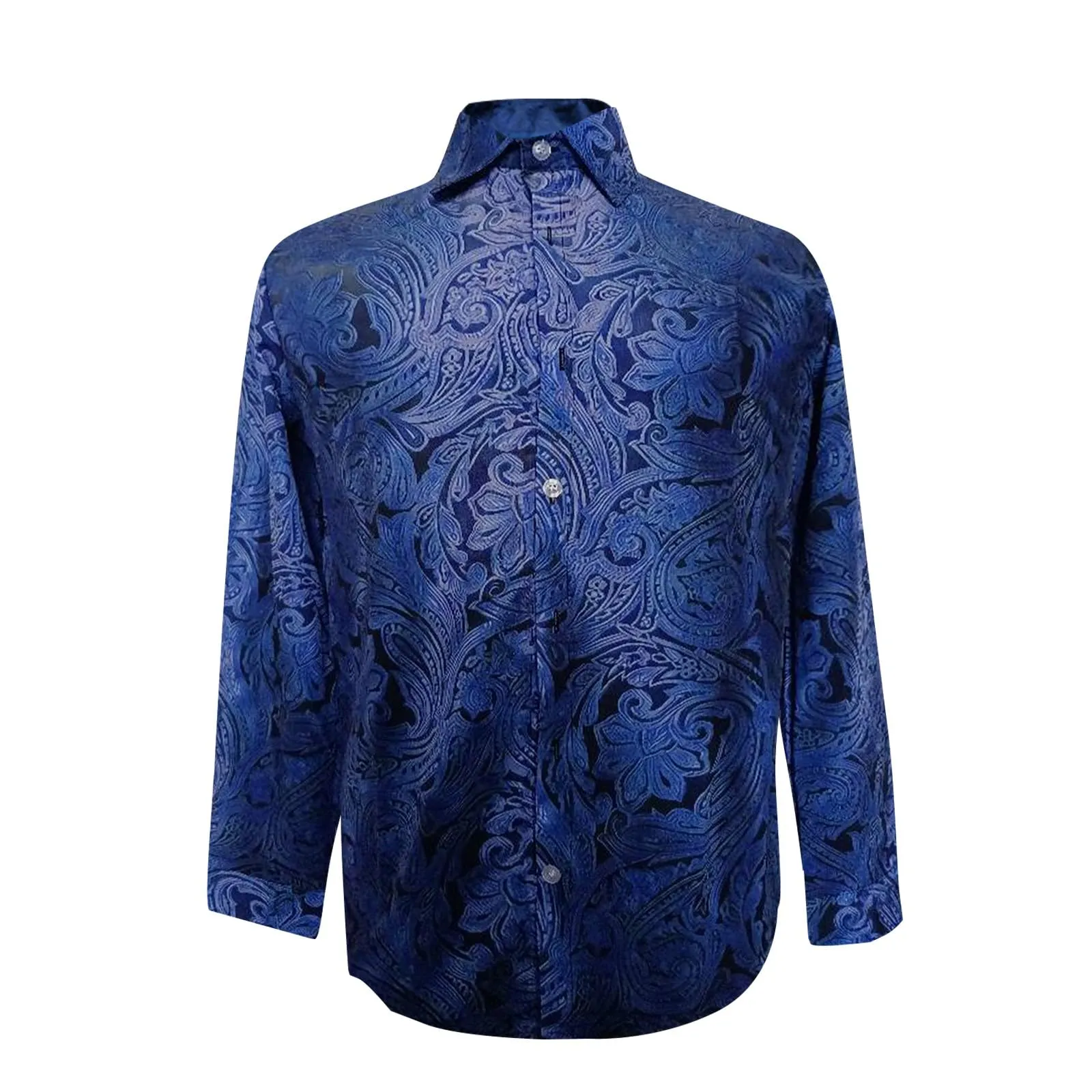 Generico Camicia da Uomo in Seta Fantasia Paisley, Maniche Lunghe, Taglio Regolare (Blue, XL) - immagine 3