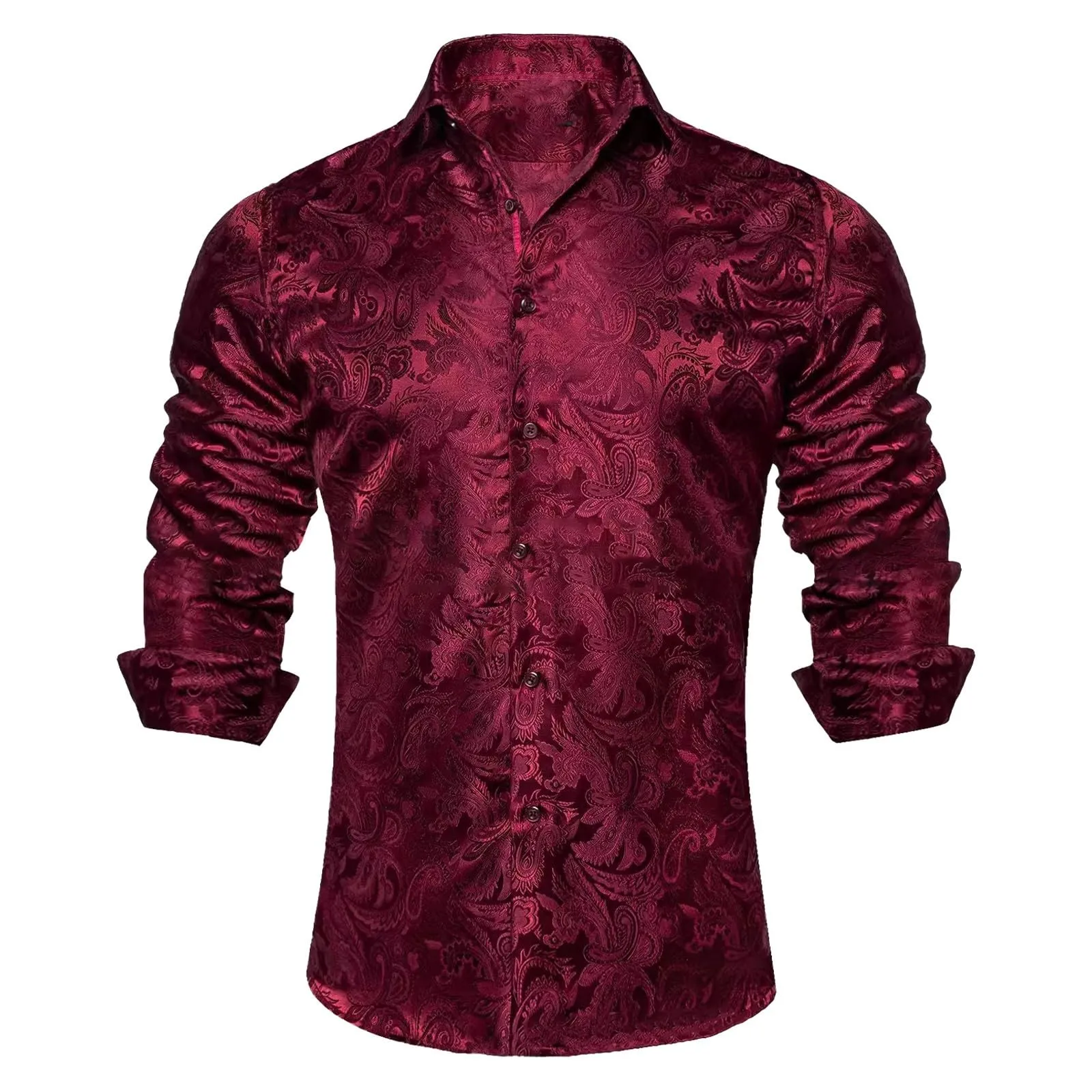 Generico Camicia da Uomo in Seta Fantasia Paisley Maniche Lunghe Taglio Regolare Wine XXL - immagine 3