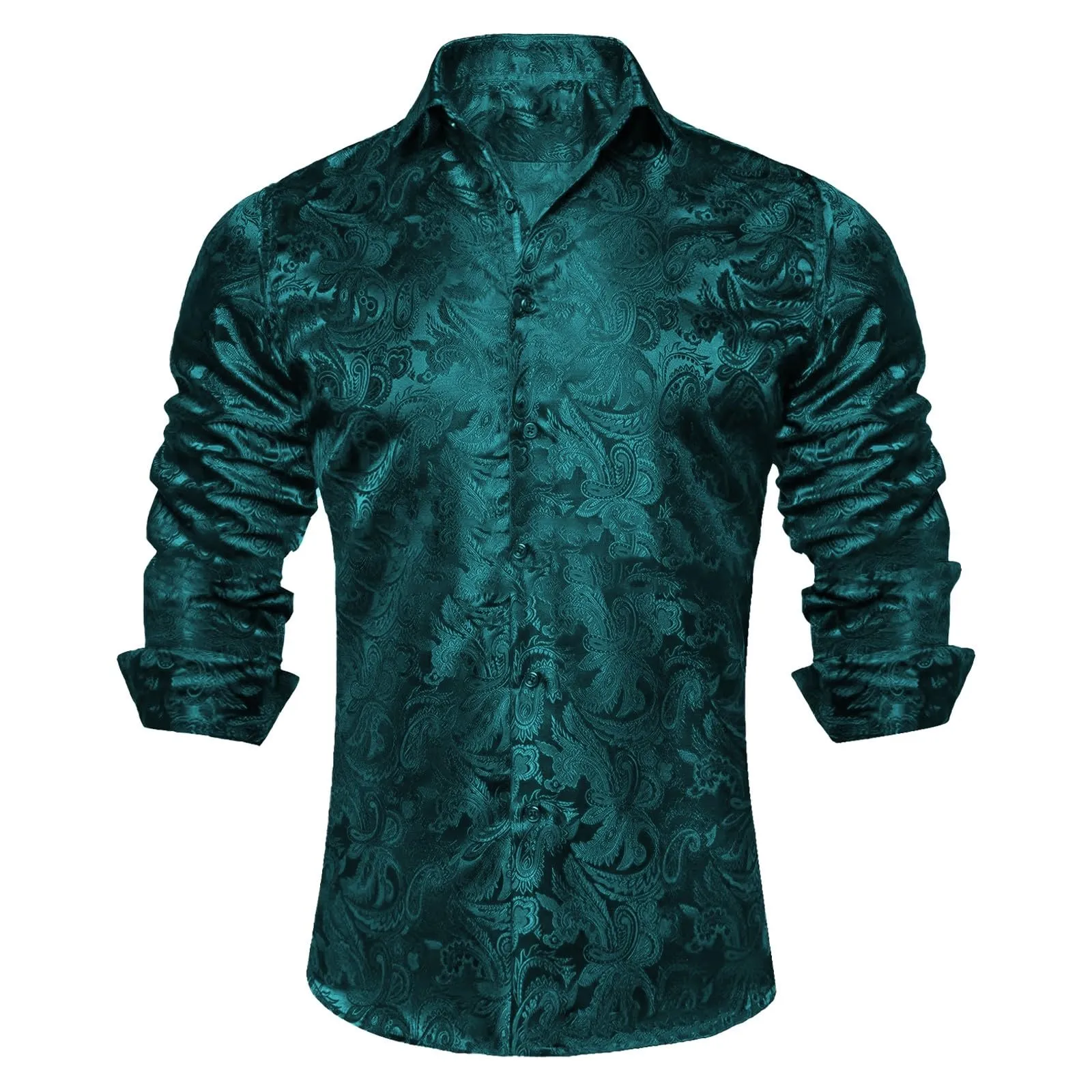 Generico Camicia da Uomo in Seta a Fantasia Paisley, Maniche Lunghe, Taglio Regolare, Verde, 6XL - immagine 3