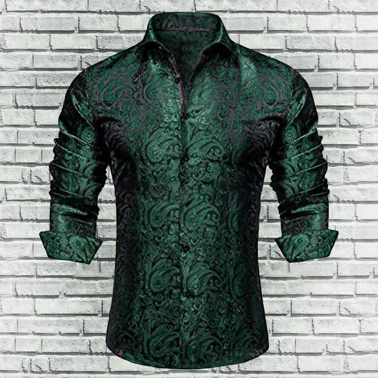 Generico Camicia da Uomo in Seta a Fantasia Paisley, Maniche Lunghe, Taglio Regolare, 4XL - immagine 2