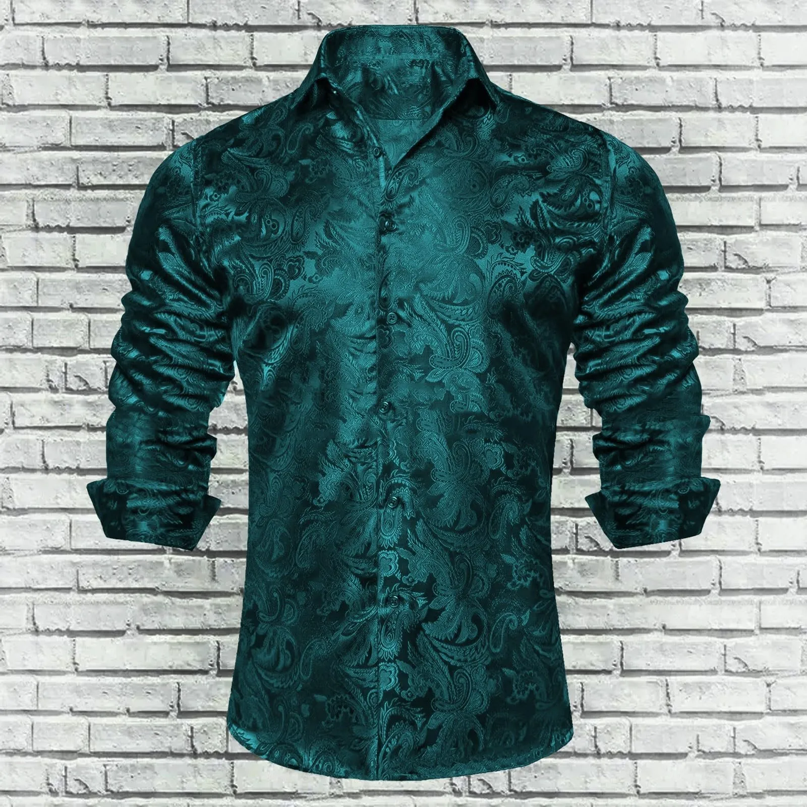 Generico Camicia da Uomo in Seta Fantasia Paisley, Maniche Lunghe, Taglio Regolare, Verde, 4XL - immagine 2
