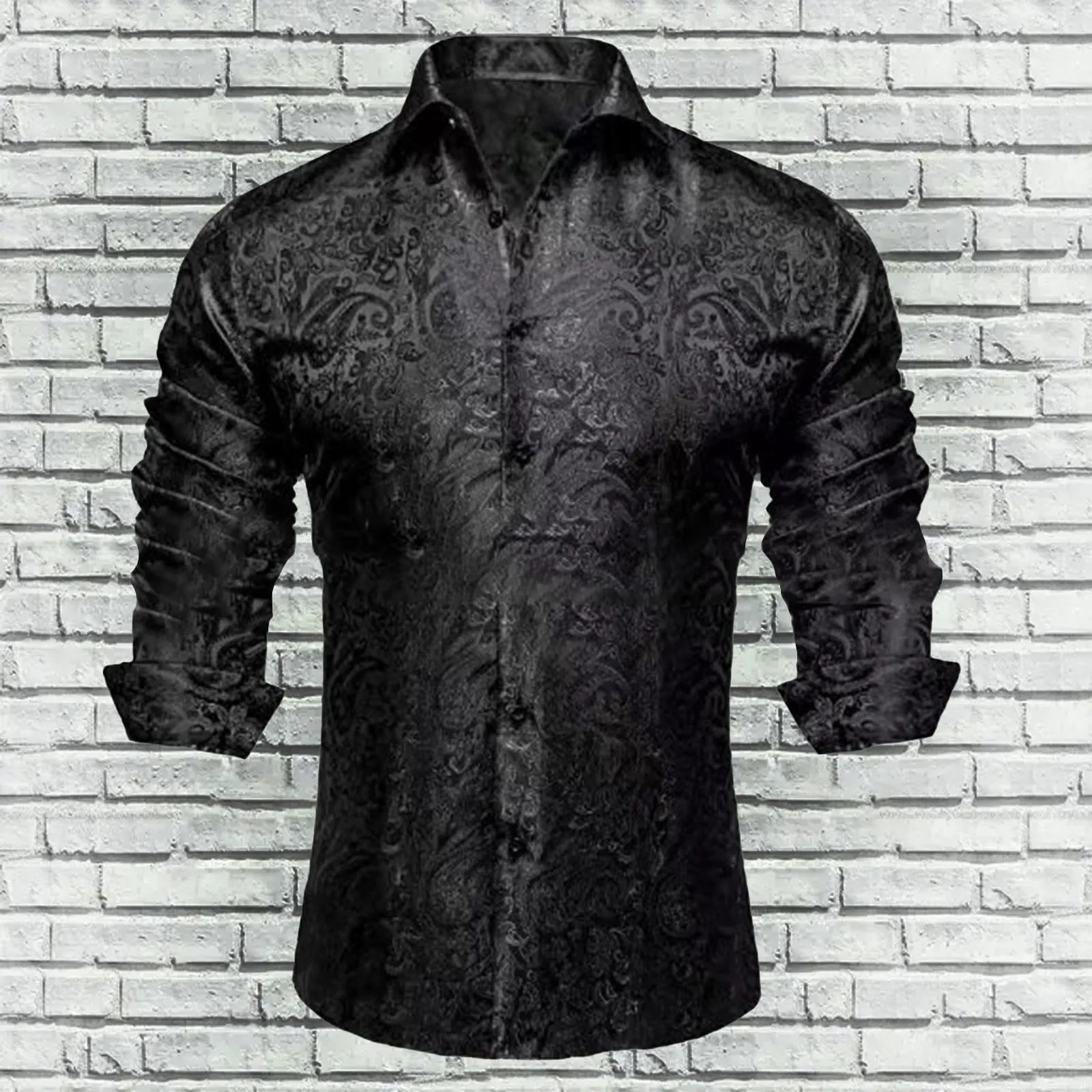 Generico Camicia da Uomo in Seta Fantasia Paisley, Maniche Lunghe, Taglio Regolare, Nero, 5XL - immagine 2