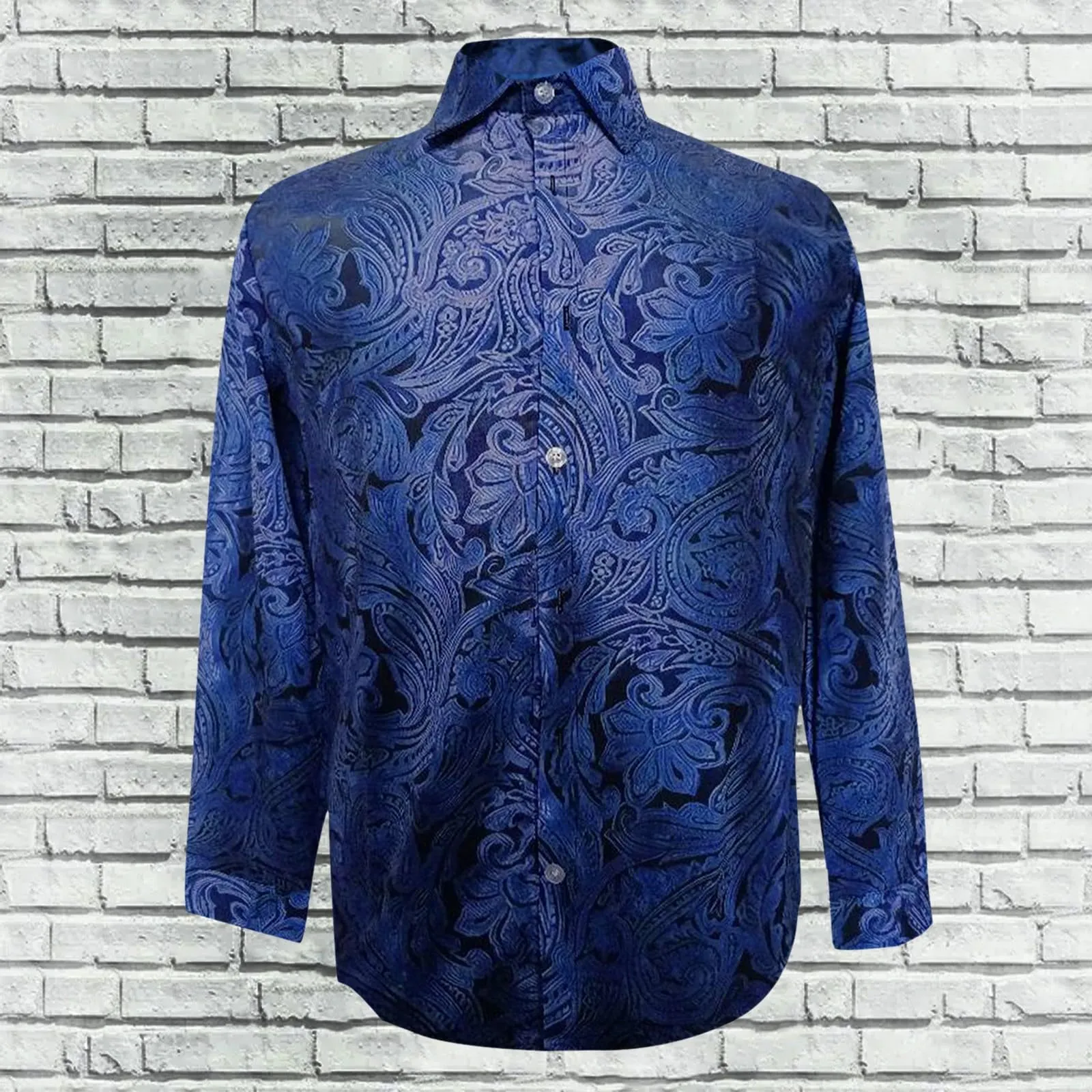 Camicia da Uomo in Seta a Fantasia Paisley, Maniche Lunghe, Taglio Regolare - Blu, M - immagine 2