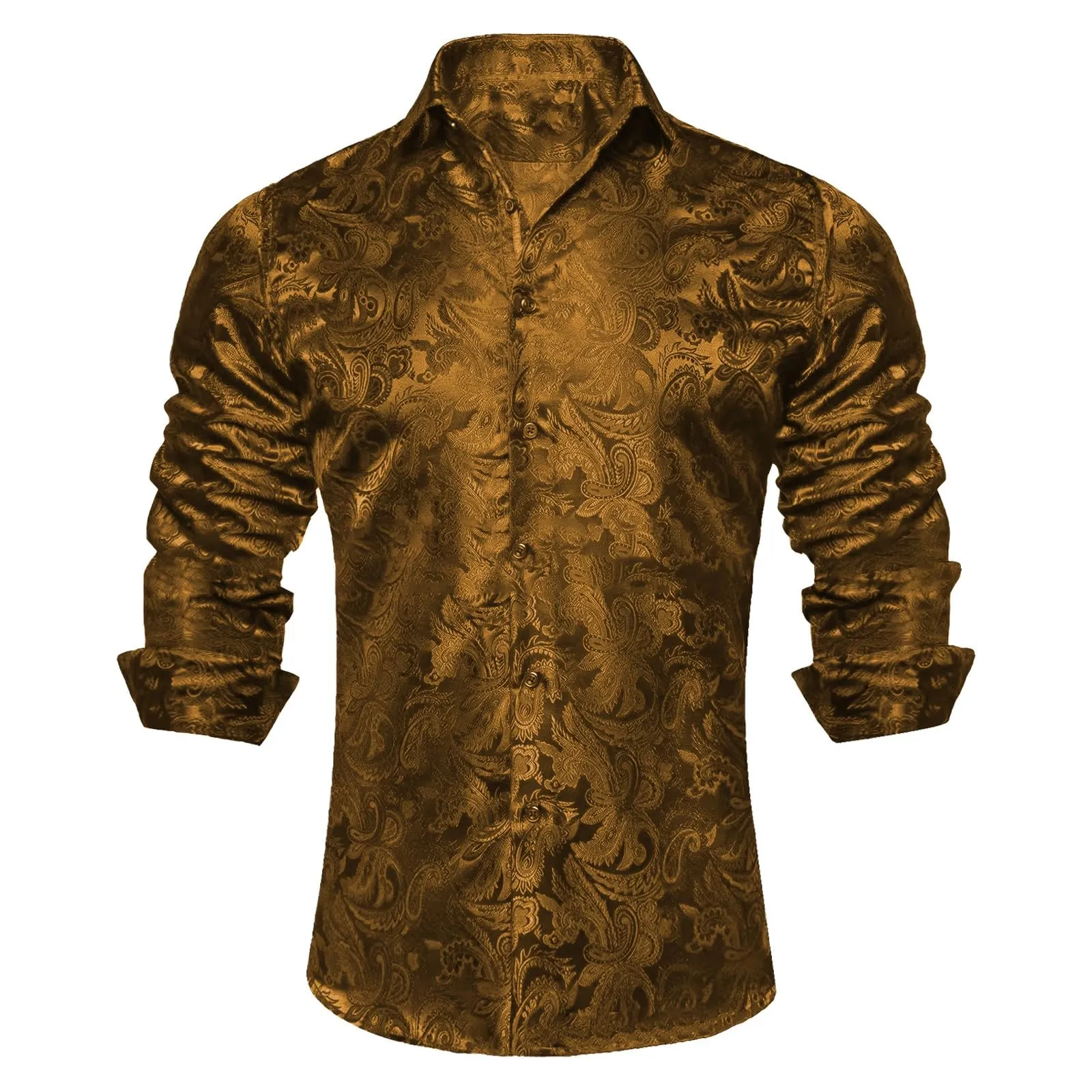 Generico Camicia da Uomo in Seta a Fantasia Paisley, Maniche Lunghe, Taglio Regolare, Oro, 3XL - immagine 3