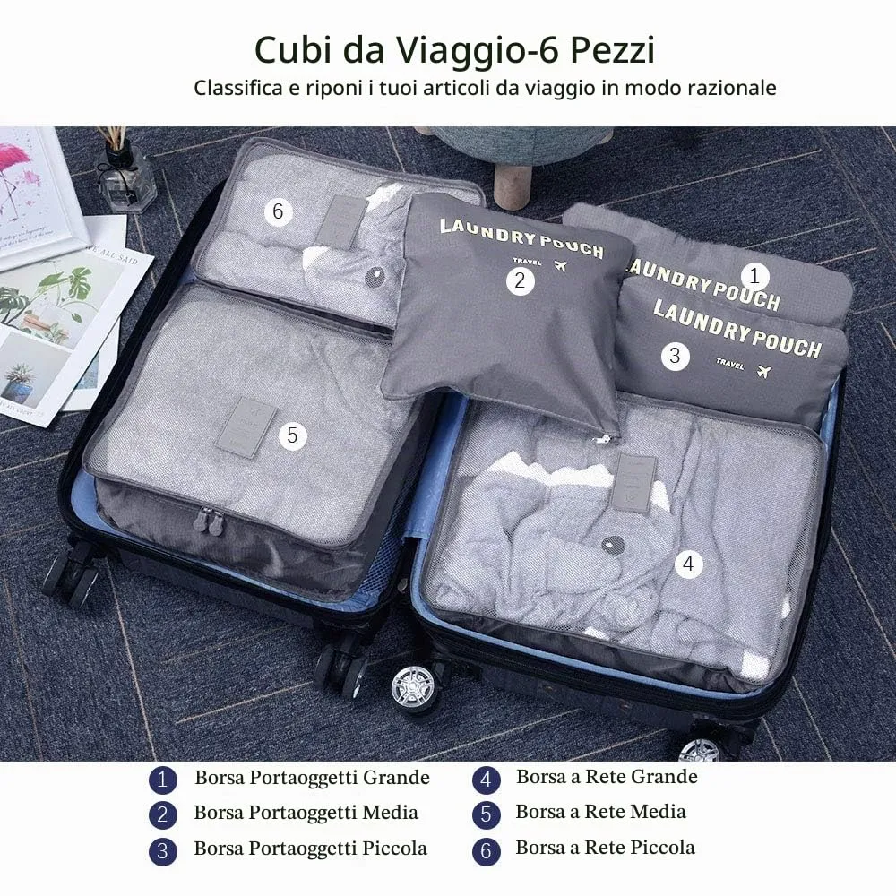 Vicloon Organizer Valigie Viaggio Set 6 Pezzi, Borse di Stoccaggio Impermeabili per Vestiti, Scarpe e Cosmetici - immagine 3