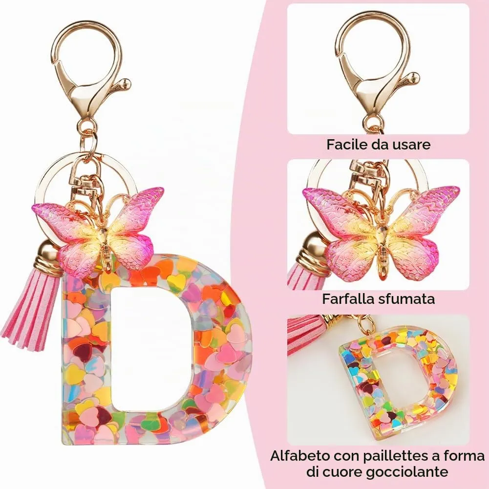 OSDUE Portachiavi Donna con Lettera D, Farfalla e Nappa Rosa - immagine 4
