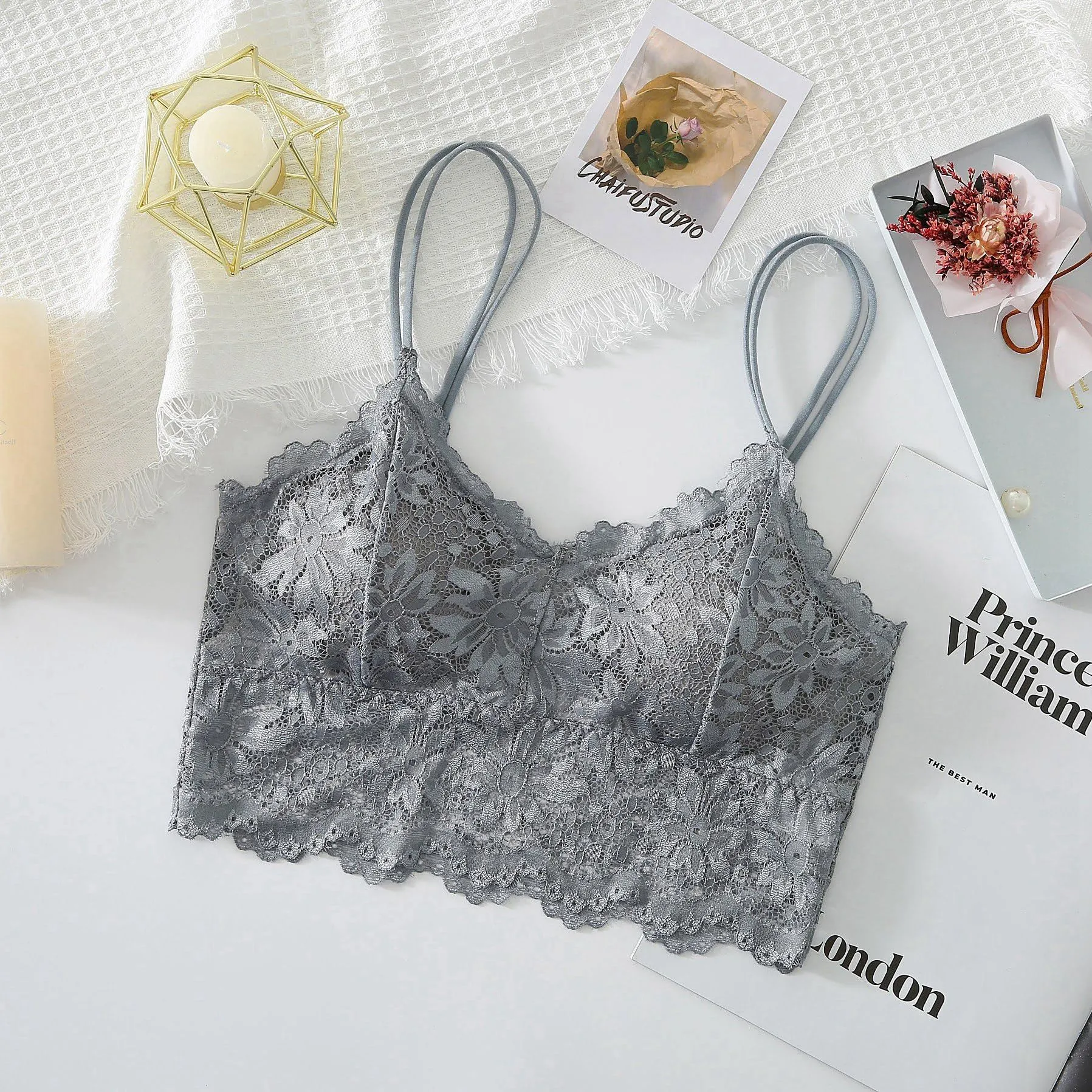 Maiclaice Reggiseno Donna con Ricamo e Imbottitura Senza Ferretto, Grigio, M - immagine 6