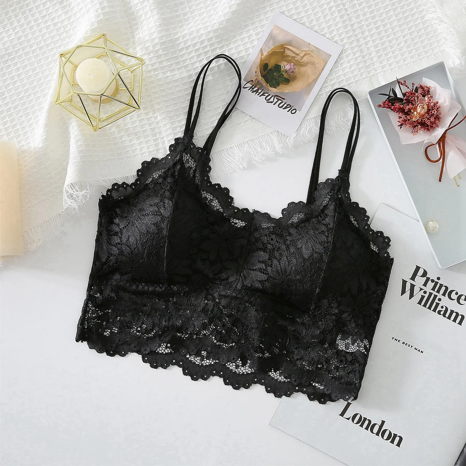 Maiclaice Reggiseno in Pizzo Imbottito Senza Ferretto, Nero, S - immagine 6