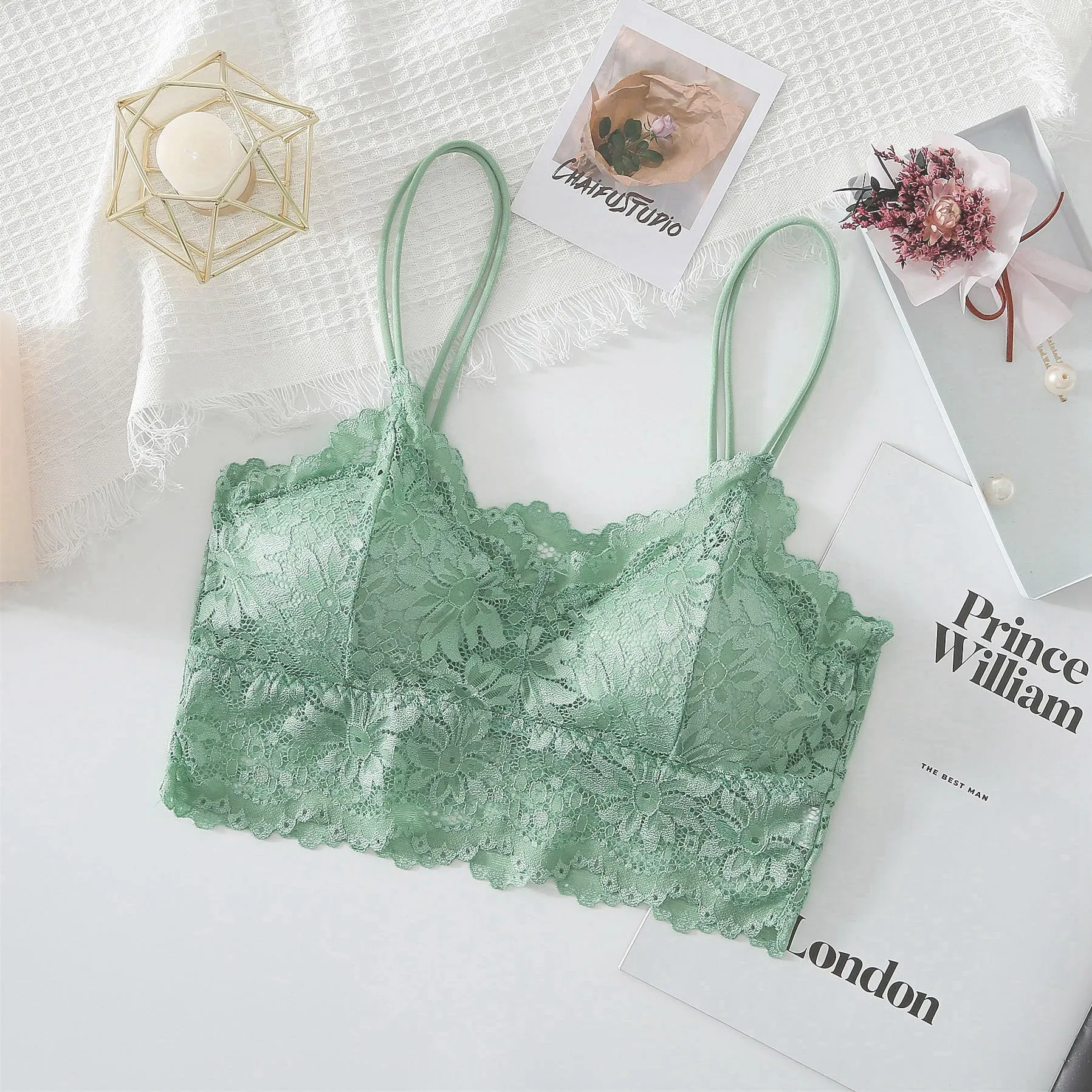 Maiclaice Reggiseno in pizzo da donna imbottito senza ferretto, Verde, M - immagine 6