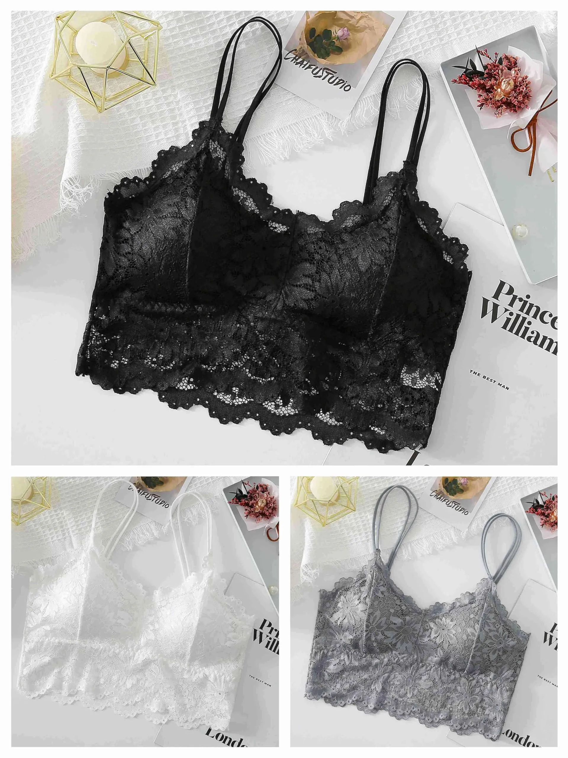 Maiclaice Reggiseno Donna in Pizzo Imbottito Senza Ferretto, Nero/Bianco/Grigio, S - immagine 6
