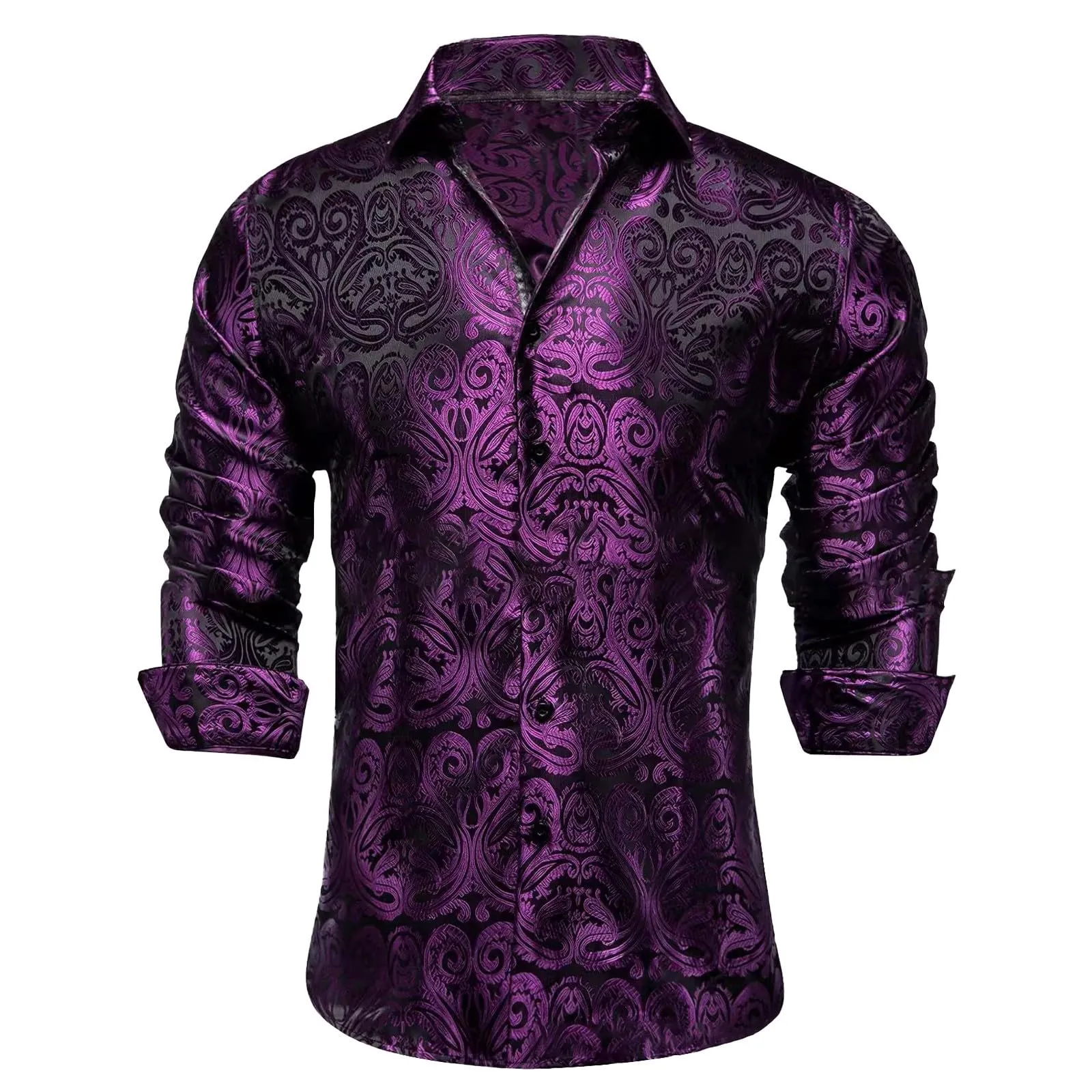 Camicia da Uomo in Seta Fantasia Paisley Maniche Lunghe Taglio Regolare, Viola, XL - immagine 1