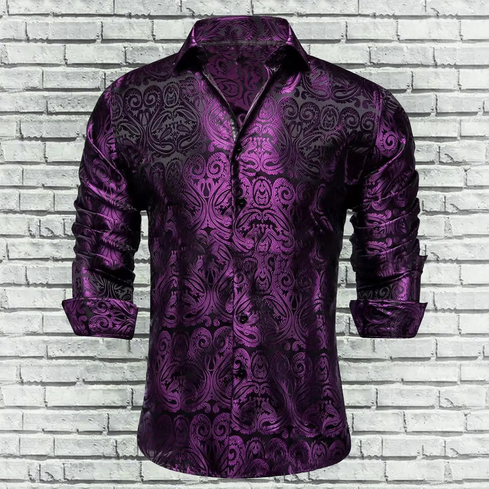 Camicia da Uomo in Seta Fantasia Paisley Maniche Lunghe Taglio Regolare, Viola, XL - immagine 2