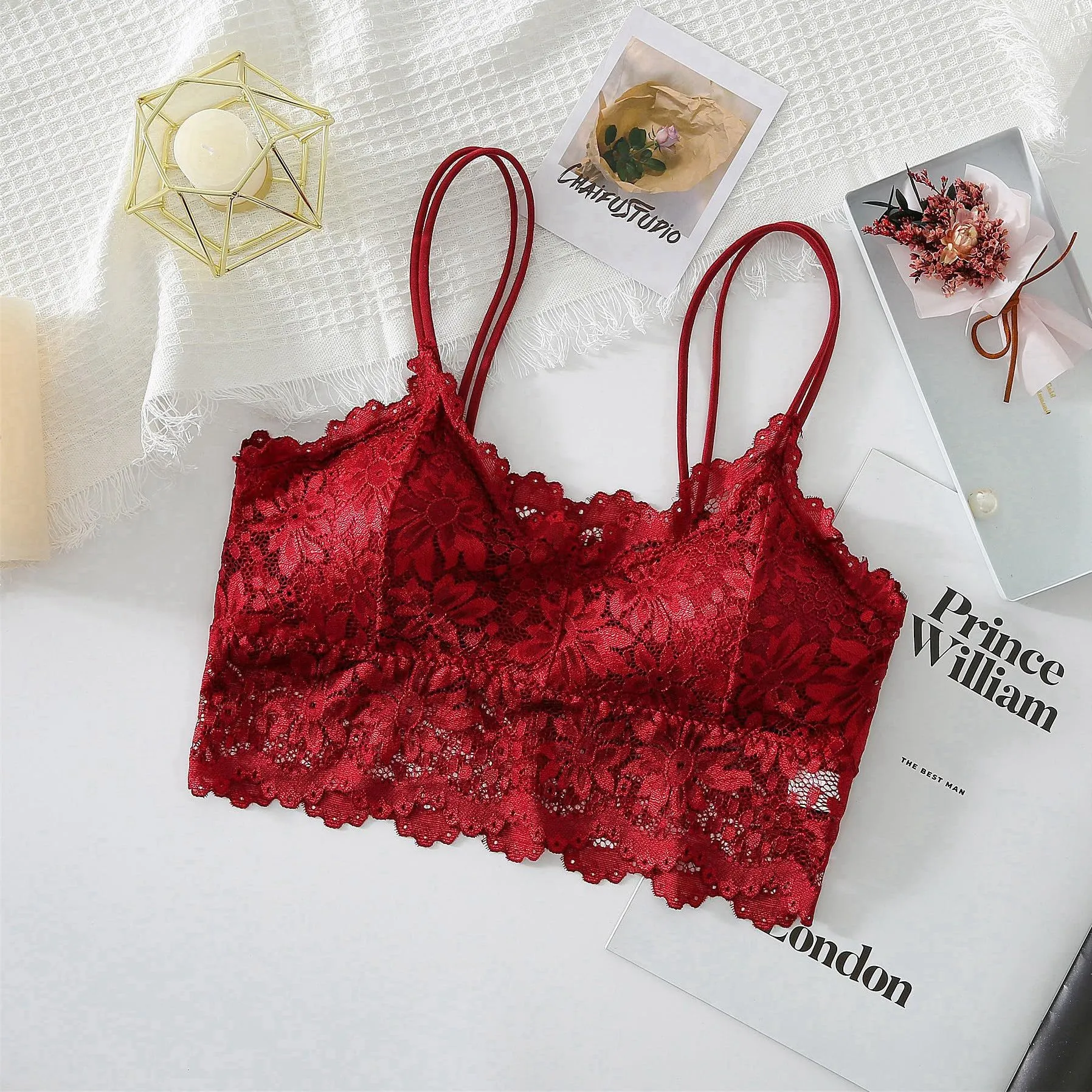 Maiclaice Reggiseno Donna in Pizzo Imbottito Senza Ferretto, Rosso, S - immagine 6