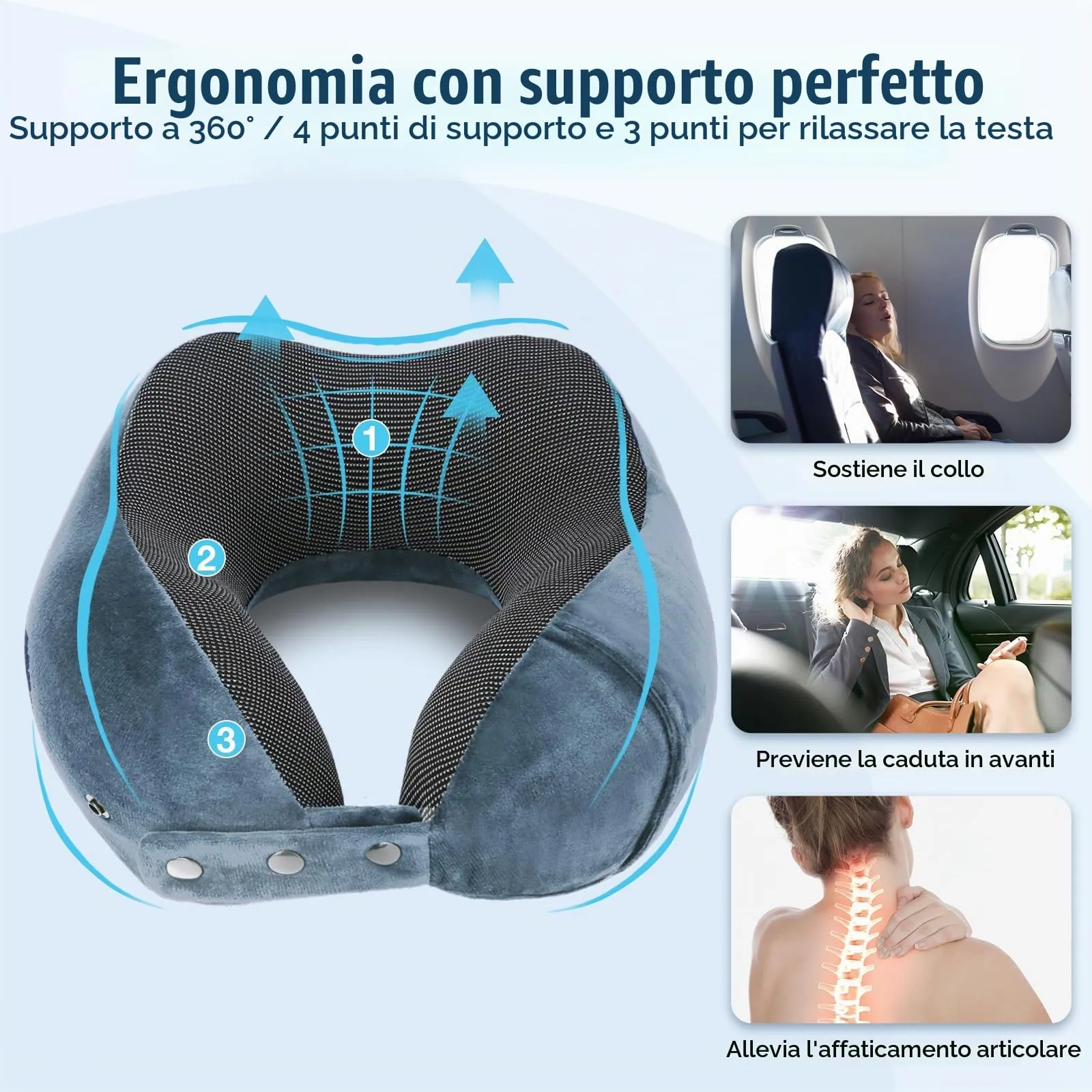 Cirorld Cuscino da Viaggio per Collo in Memory Foam Regolabile con Maschera per Dormire, Tappi Auricolari e Borsa per Trasporto - immagine 7