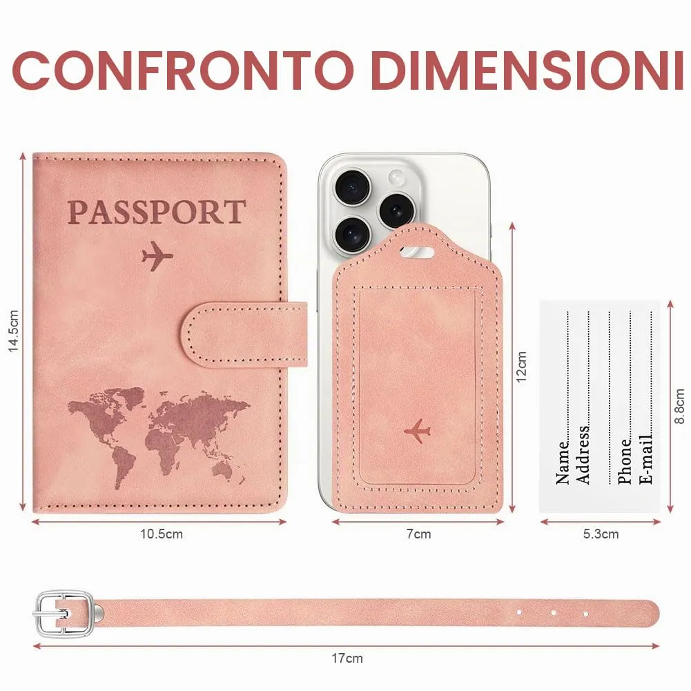 OFFCUP Custodia per Passaporto con Blocco RFID in Pelle PU e Etichetta Valigia, Rosa - immagine 2