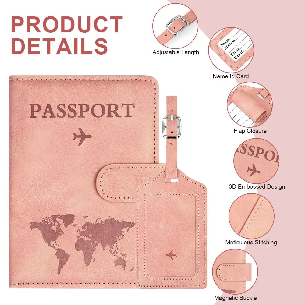 OFFCUP Custodia per Passaporto con Blocco RFID in Pelle PU e Etichetta Valigia, Rosa - immagine 3