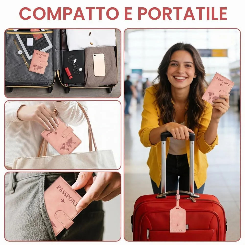 OFFCUP Custodia per Passaporto con Blocco RFID in Pelle PU e Etichetta Valigia, Rosa - immagine 7