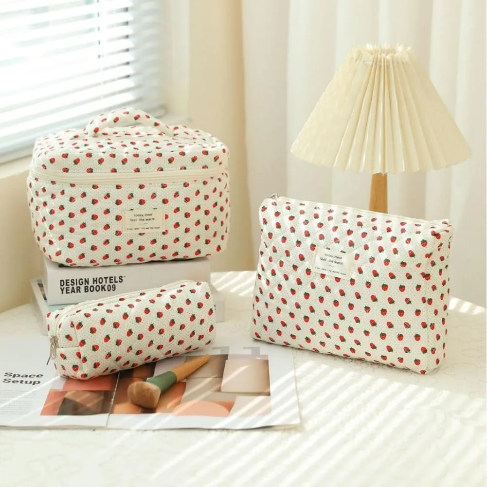 Aucuu Beauty Case, Set di 3 Borse da Toilette Trapuntate in Cotone con Motivi Floreali, Organizer per Trucco da Viaggio - immagine 7