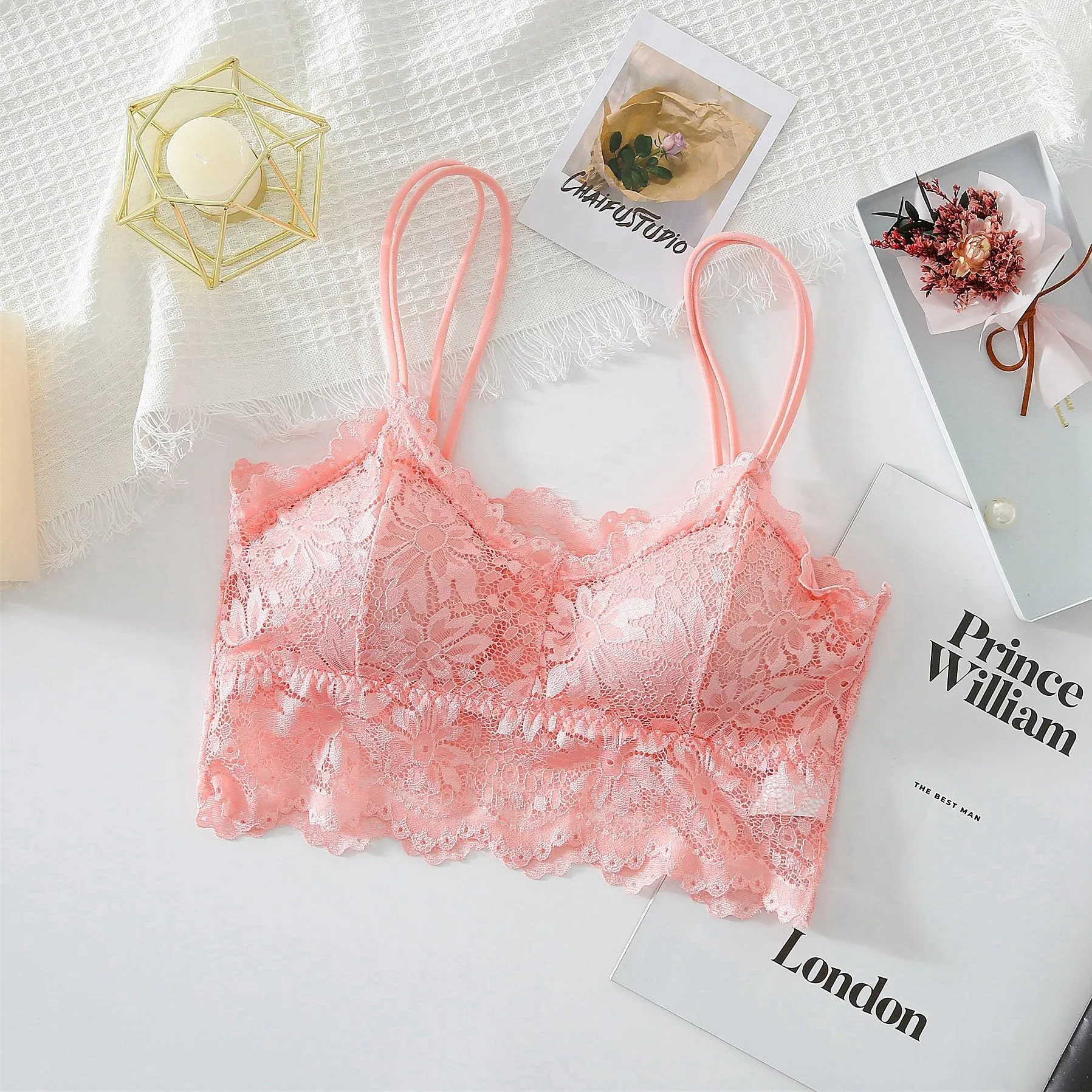 Maiclaice Reggiseno Bralette Donna con Ricamo, Senza Ferretto e Imbottito, Rosa, S - immagine 6