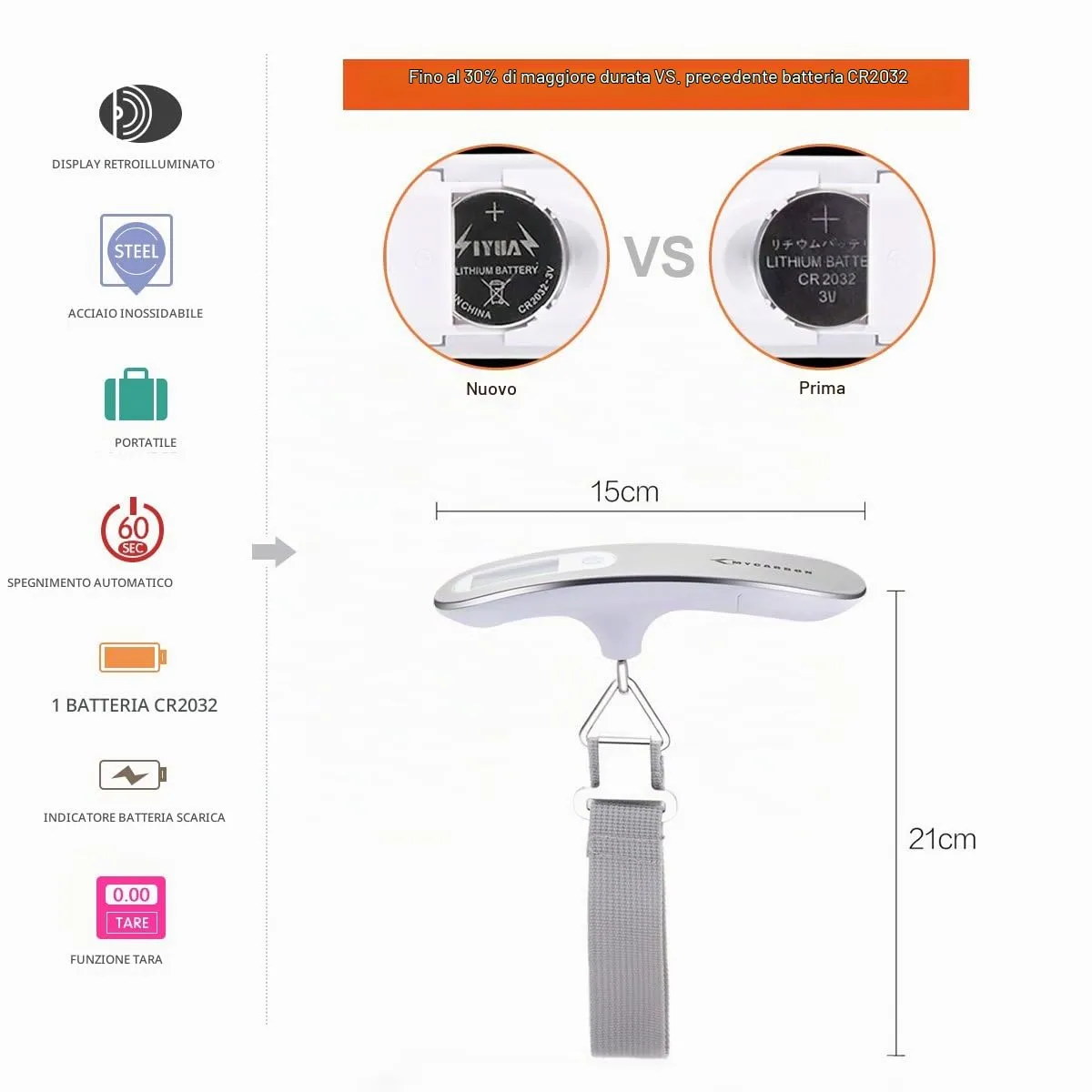 MYCARBON Bilancia per Valigie Digitale 50kg con Funzione Tara e Display LCD - immagine 2