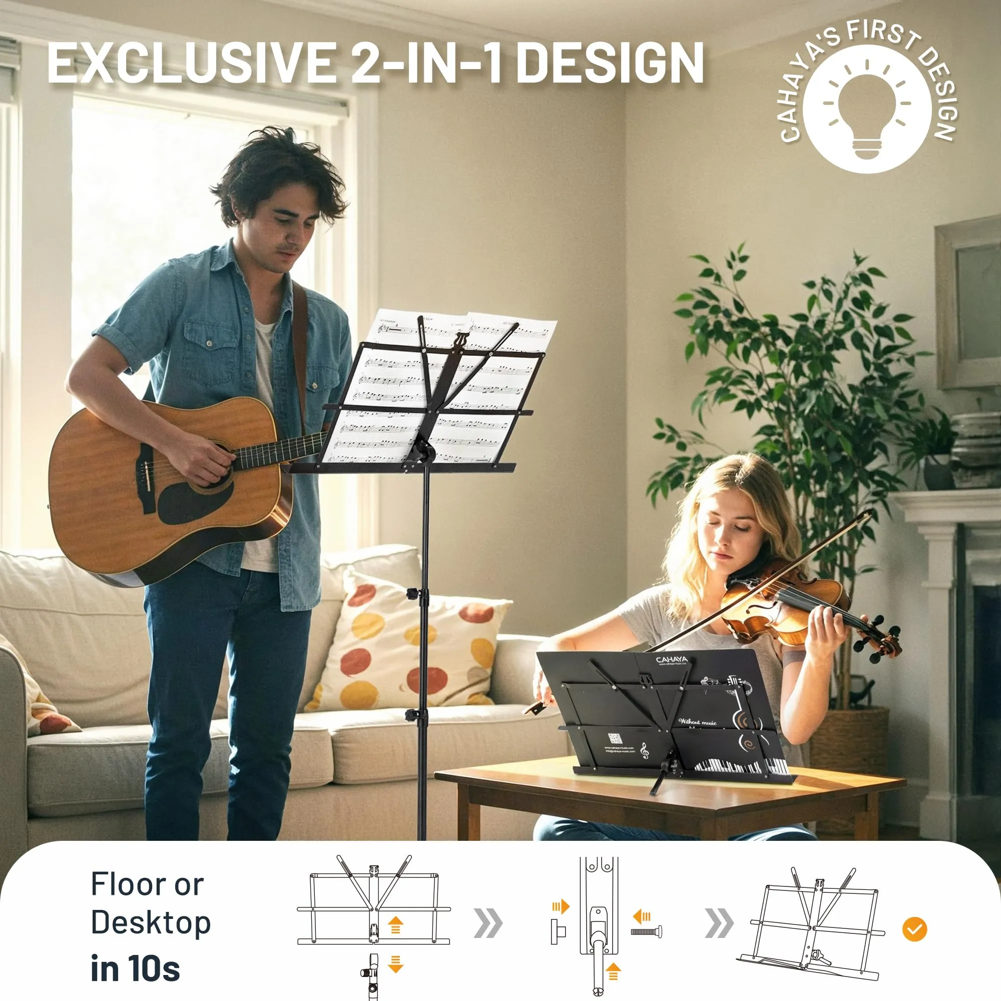 CAHAYA Leggio Musicale 2-in-1 con Supporto da Tavolo, 70-138 cm, Pieghevole - immagine 2
