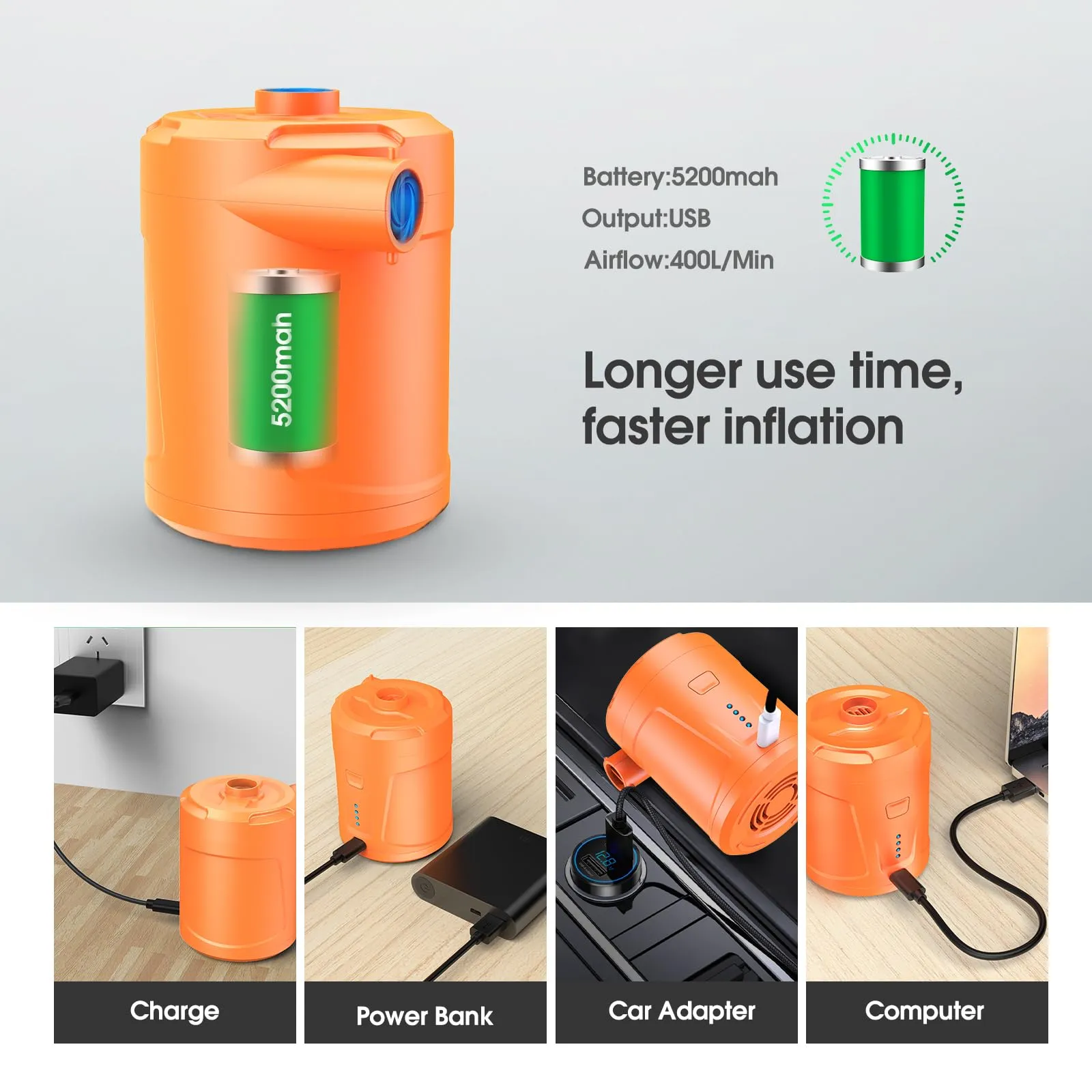 SUPPOU Pompa ad Aria Portatile Elettrica 2 in 1 con 3 ugelli, Arancia - immagine 4