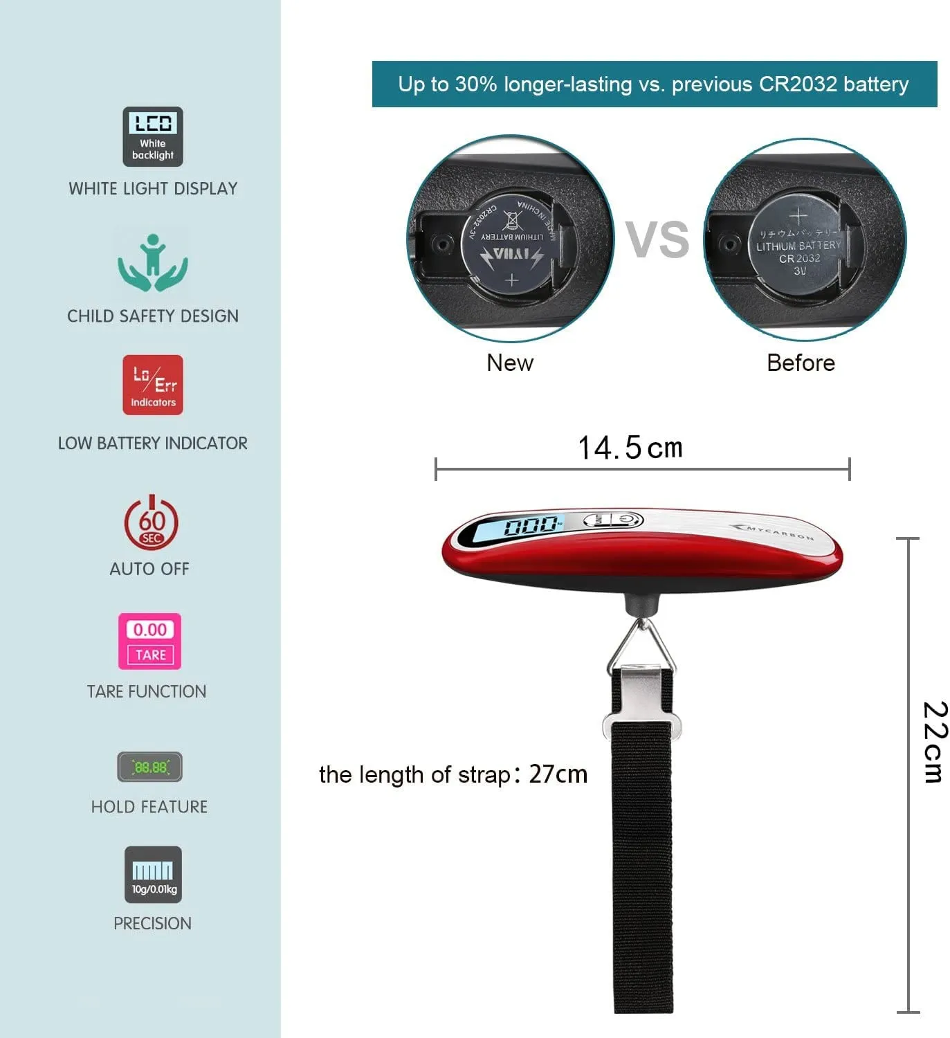 MYCARBON Bilancia per Valigie 50kg con LCD Display e Funzione Tara - immagine 2