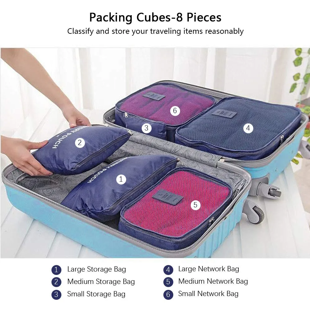 Vicloon Organizer Valigie Viaggio Set 8 Pezzi, Cubi di Imballaggio Impermeabili per Vestiti, Scarpe e Cosmetici, Blu Scuro - immagine 3