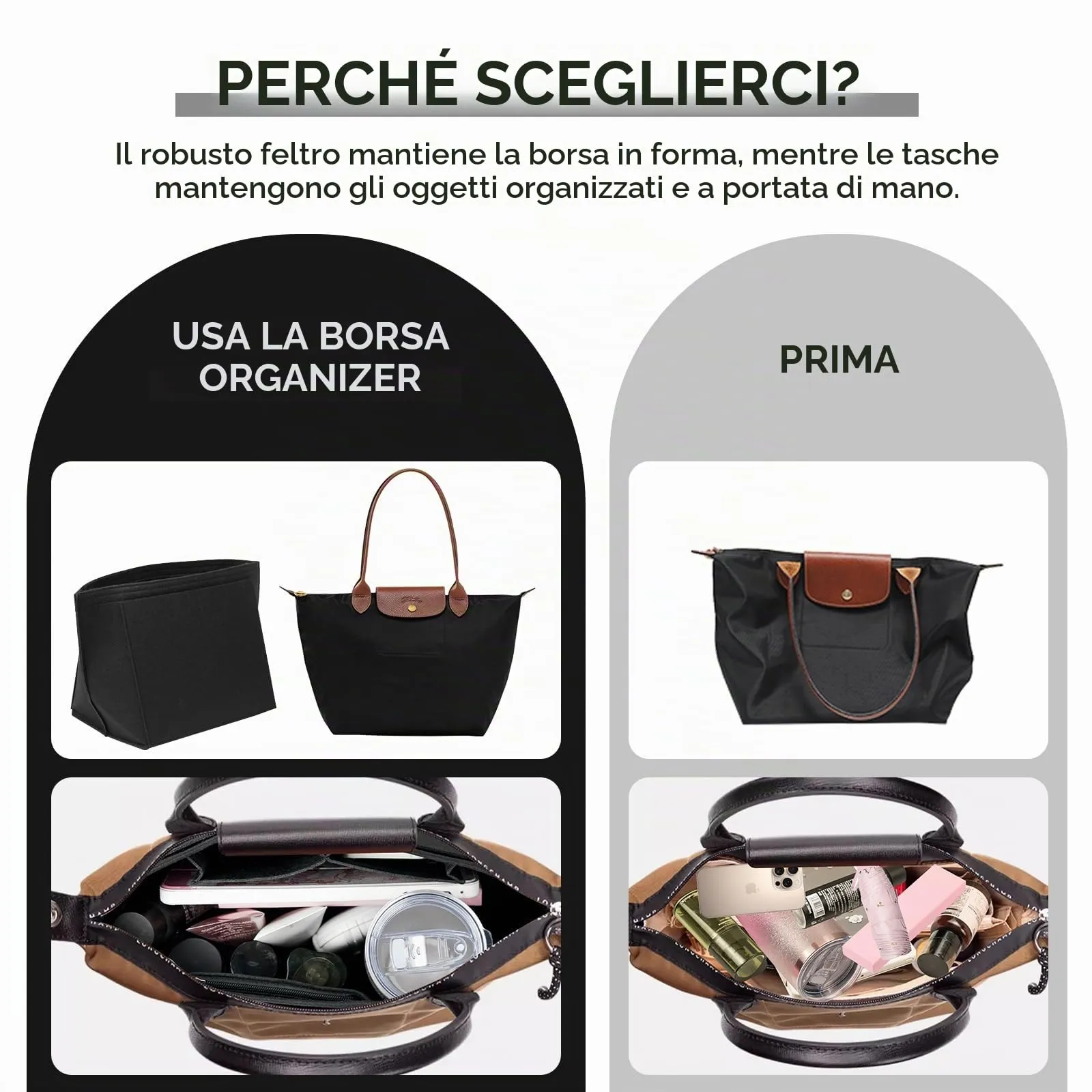 LUOJINYI Organizzatore per Borse Pliage, Inserto in Feltro a Grande Capacità (Nero, L-1) - immagine 6