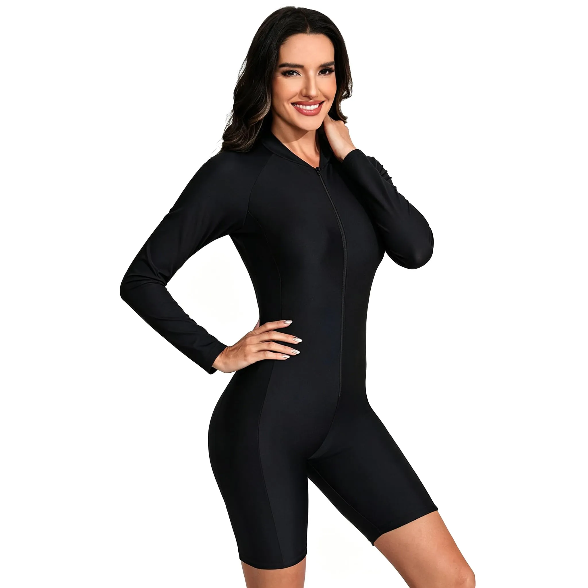 BEACHKINI Costume da Bagno Intero da Donna a Maniche Lunghe con Zip Integrale e Gamba Corta, Nero Unito, 3XL - immagine 1