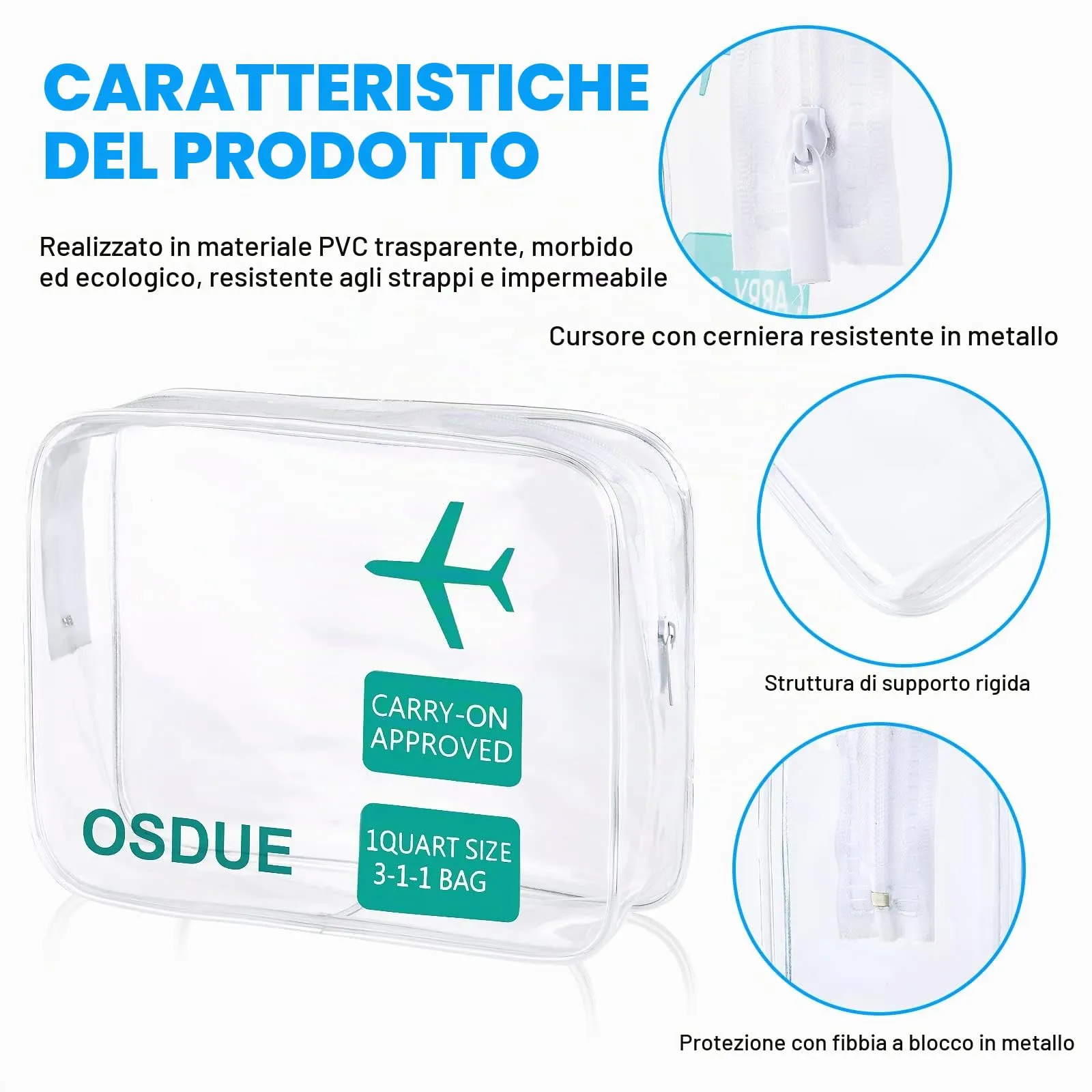 OSDUE Borse da Valigia Trasparenti Impermeabili per Cosmetici e Liquidi, 2 Pezzi (Verde) - immagine 3