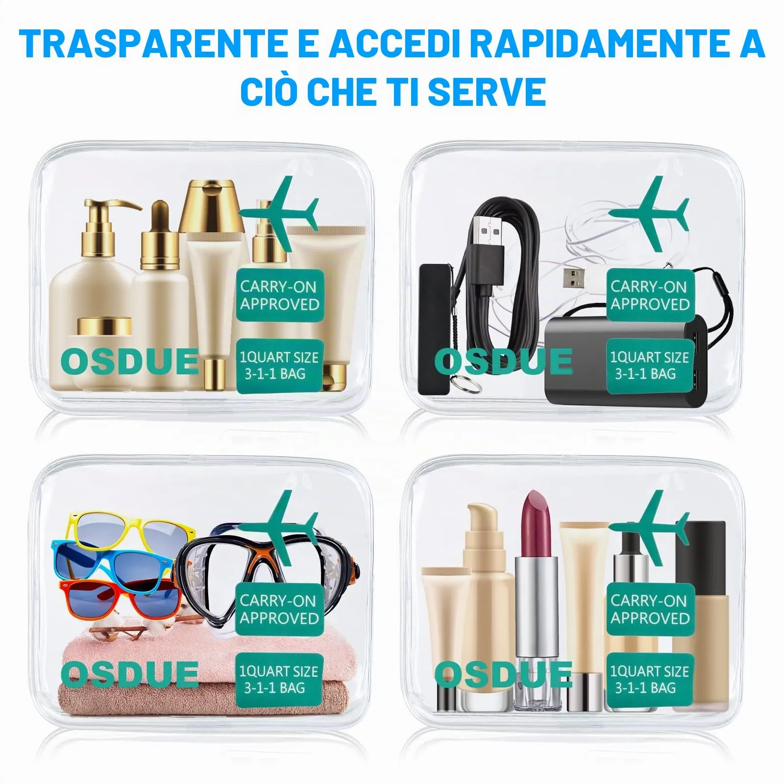 OSDUE Borse da Valigia Trasparenti Impermeabili per Cosmetici e Liquidi, 2 Pezzi (Verde) - immagine 5