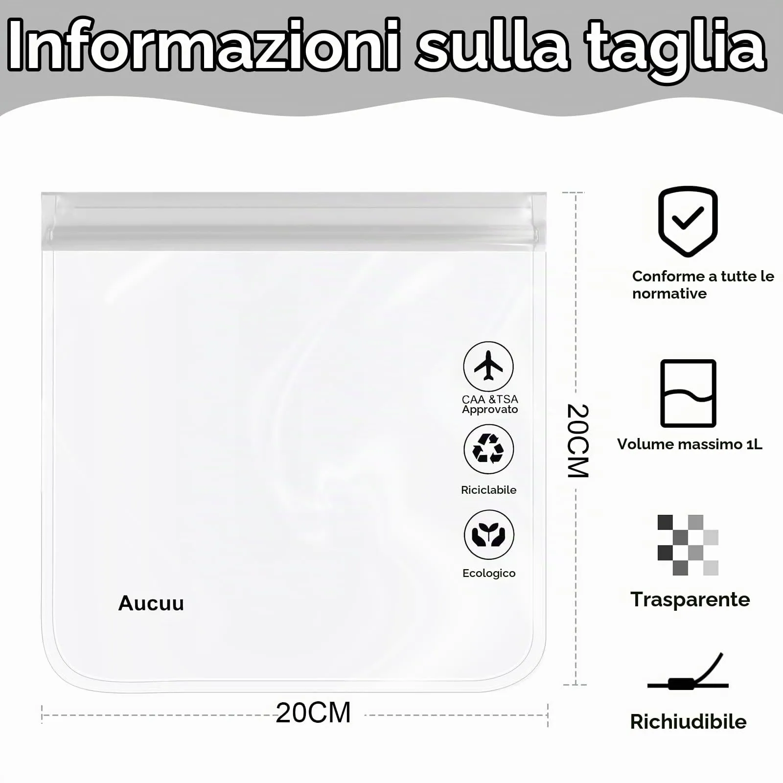 Aucuu Buste per Liquidi da Viaggio Trasparenti, 2 Pezzi, 20 x 20cm - immagine 2
