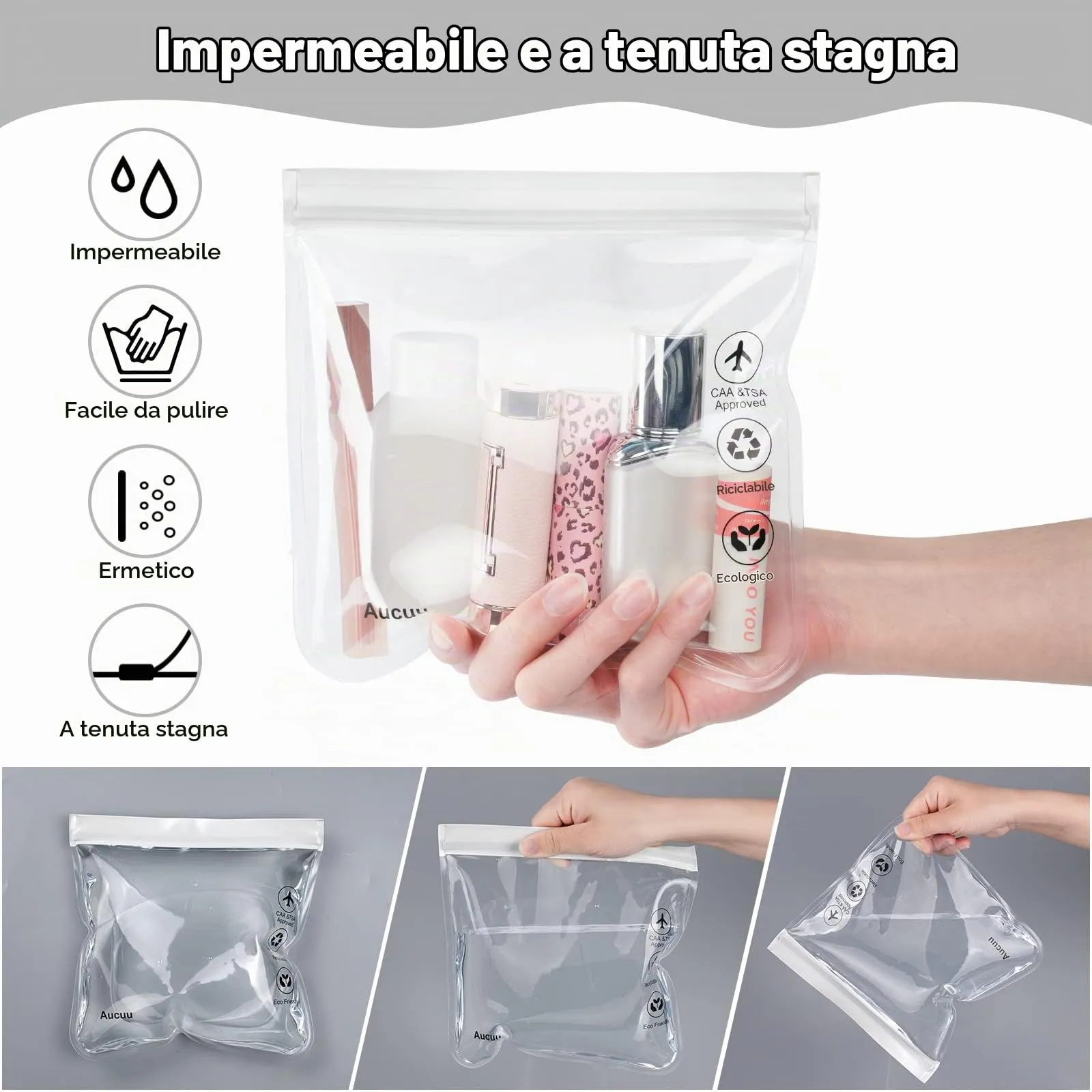 Aucuu Buste per Liquidi da Viaggio Trasparenti e Impermeabili, 2 Pezzi, 20 x 20 cm - immagine 4