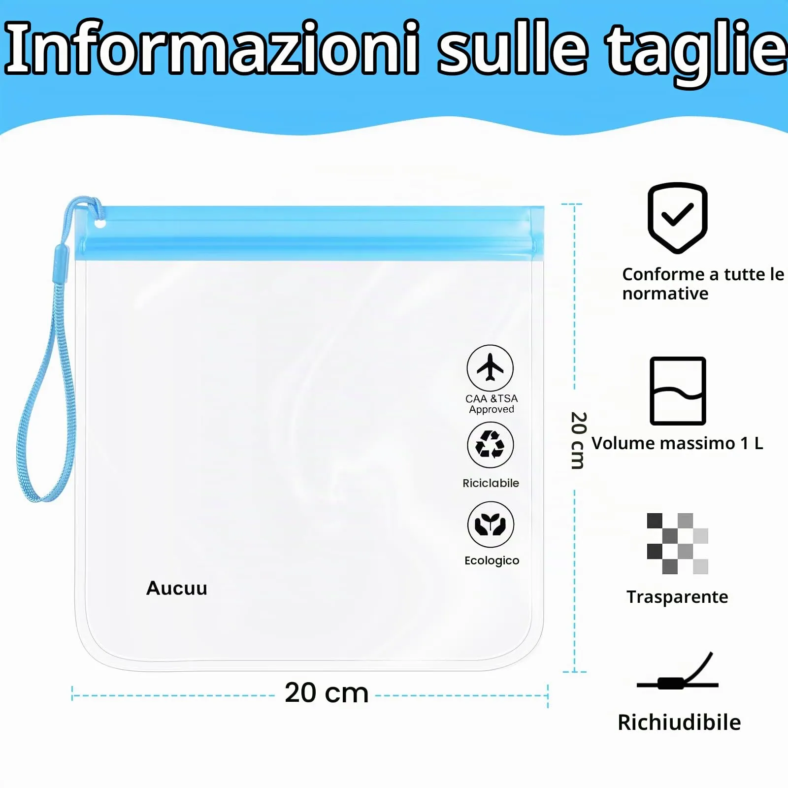 Aucuu Buste per Liquidi da Viaggio, 20 x 20cm, Trasparenti e Impermeabili, 4 Pezzi - immagine 2