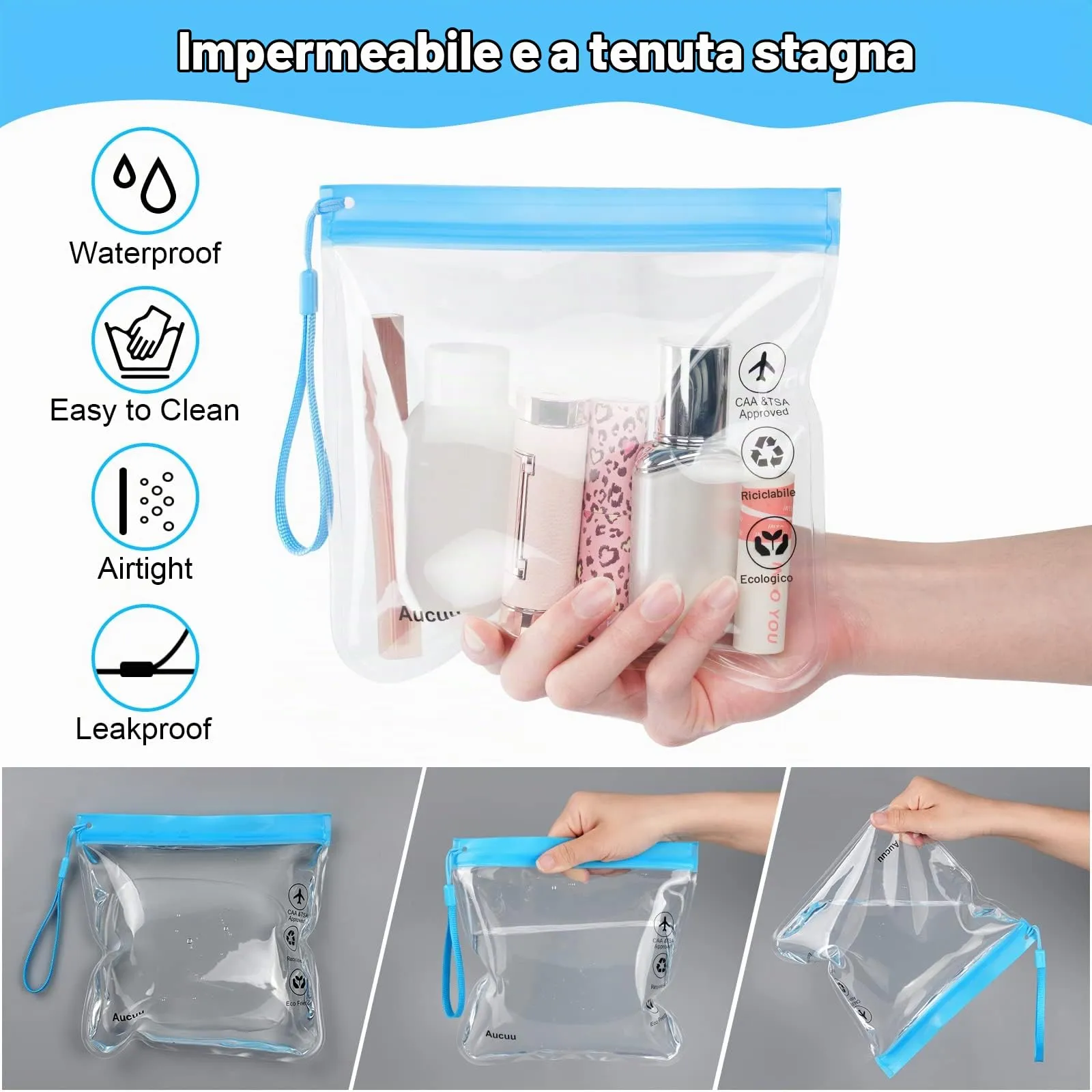 Aucuu Buste per Liquidi da Viaggio, 20 x 20cm, Trasparenti e Impermeabili, 4 Pezzi - immagine 4