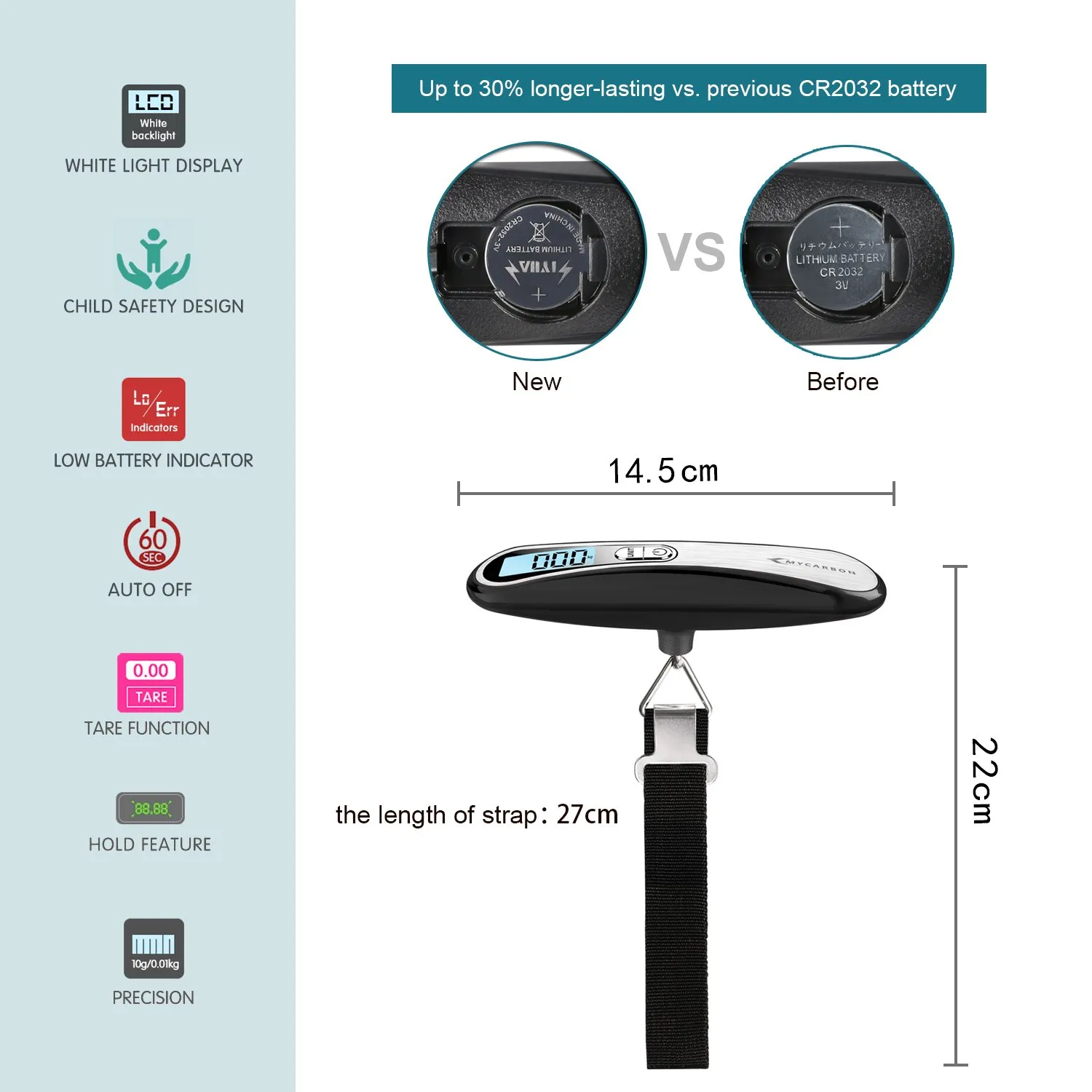 MYCARBON Bilancia per Valigie 50kg con Display LCD e Funzione Tara - immagine 2