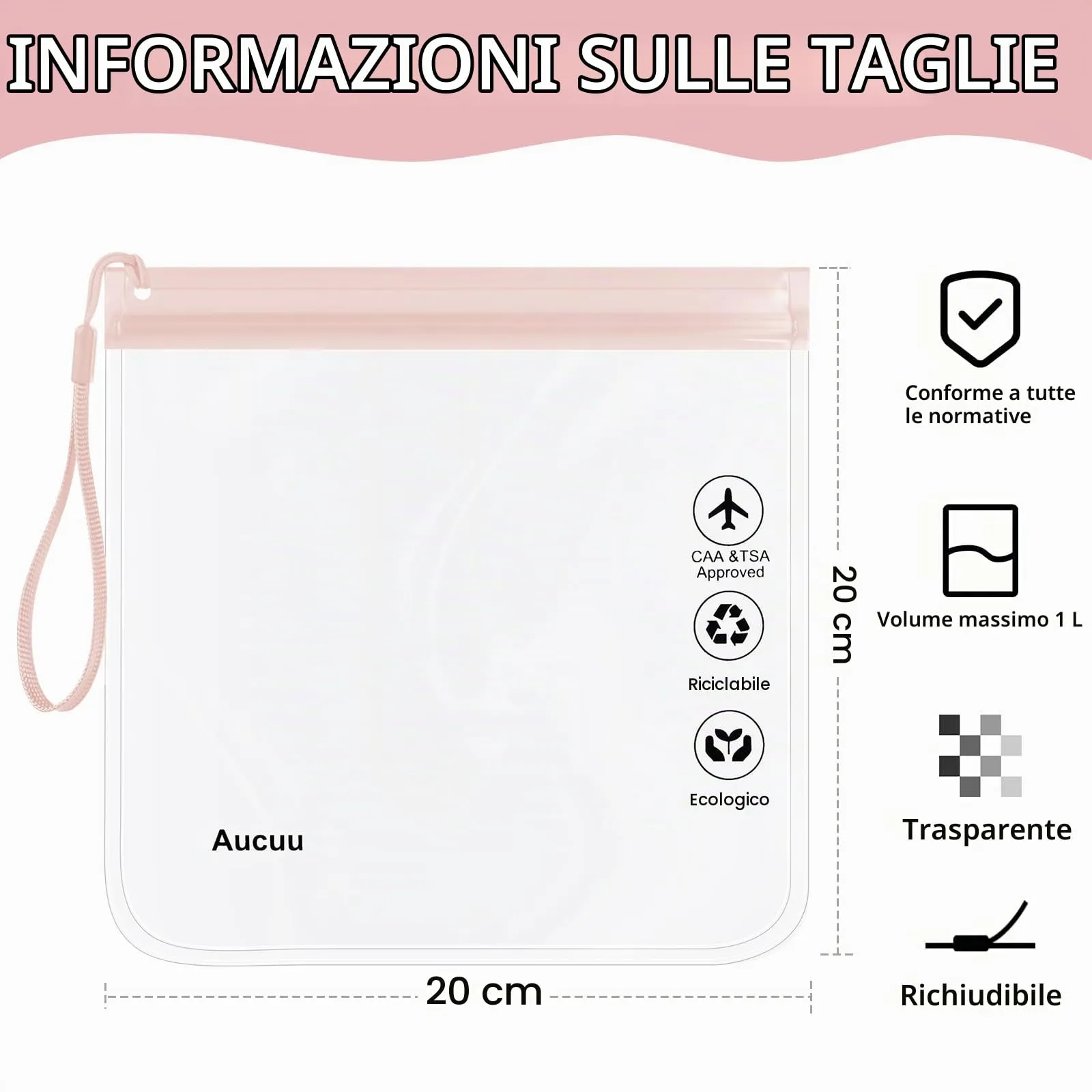 Aucuu Buste da Viaggio per Liquidi, 4 Pezzi, 20 x 20cm, Trasparenti e Impermeabili - immagine 2