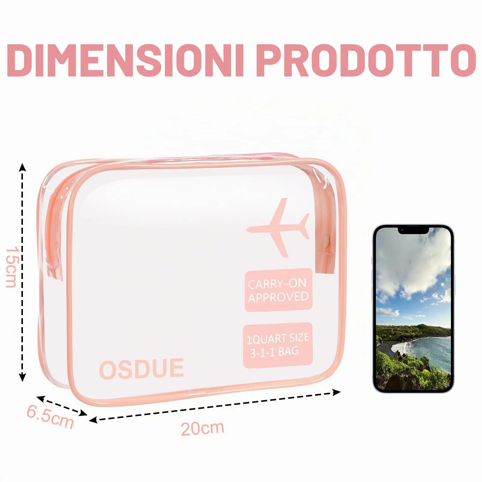 OSDUE Borse da Valigia Trasparenti Impermeabili con Zip per Cosmetici e Liquidi, 2 Pezzi, Rosa - immagine 2