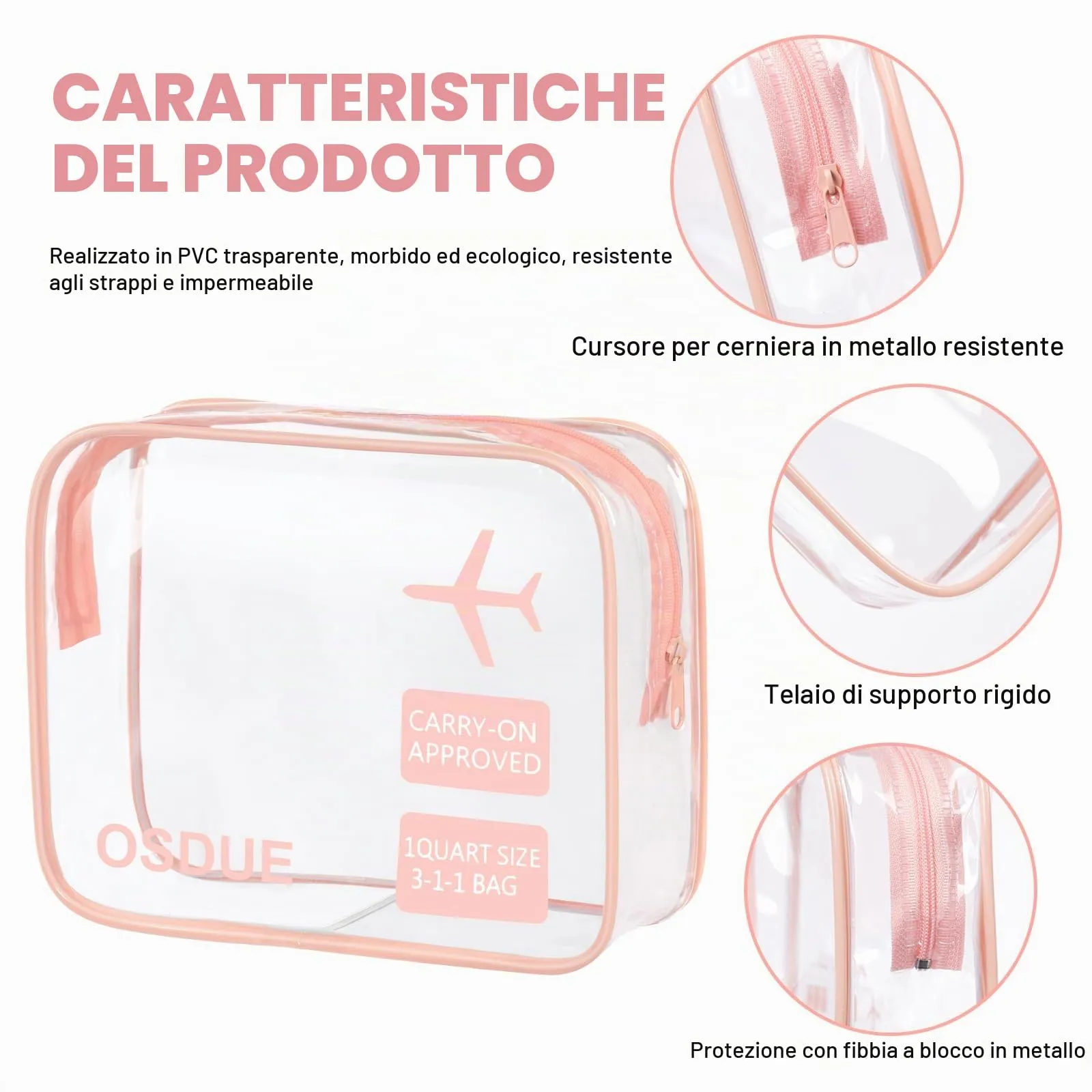 OSDUE Borse da Valigia Trasparenti Impermeabili con Zip per Cosmetici e Liquidi, 2 Pezzi, Rosa - immagine 3