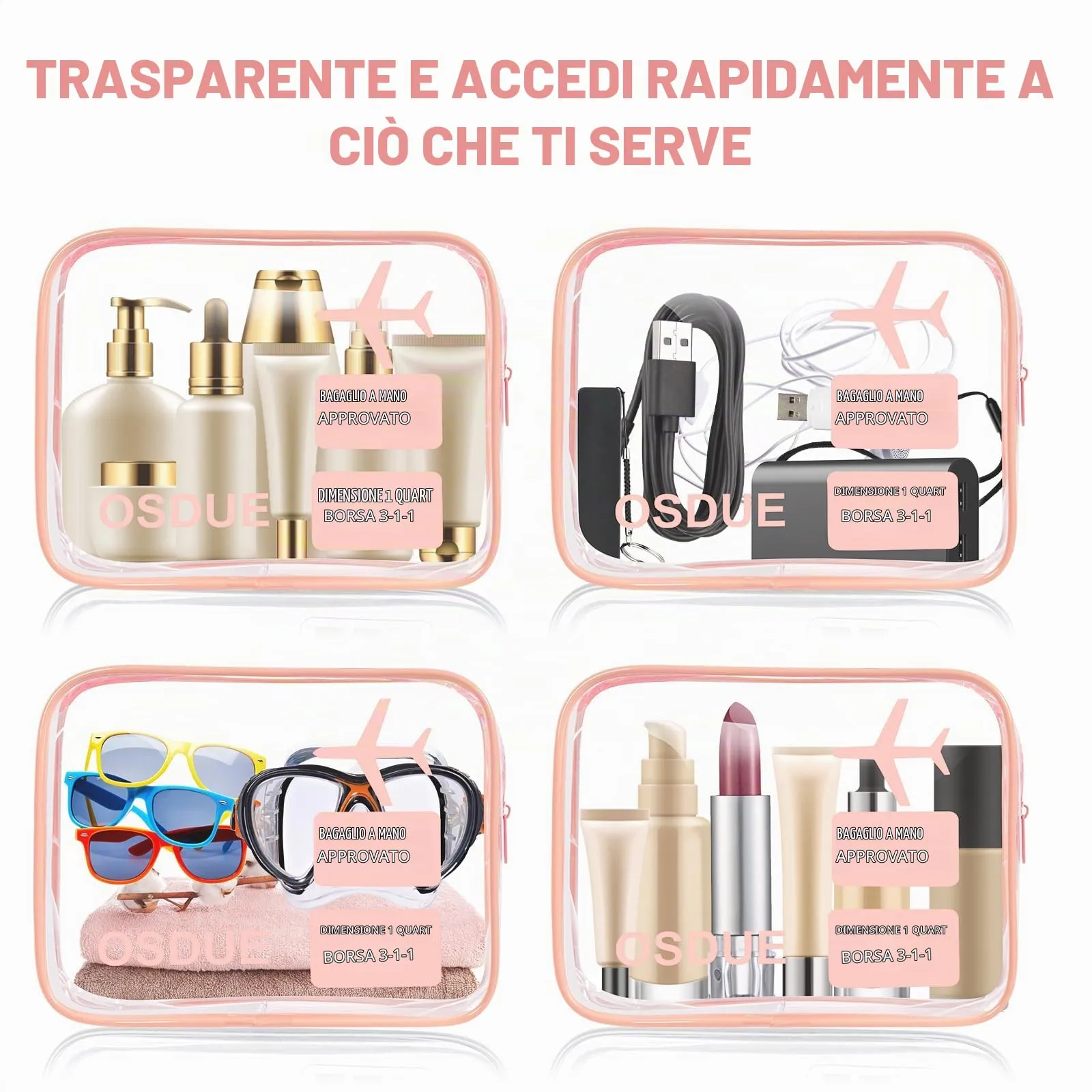 OSDUE Borse da Valigia Trasparenti Impermeabili con Zip per Cosmetici e Liquidi, 2 Pezzi, Rosa - immagine 5