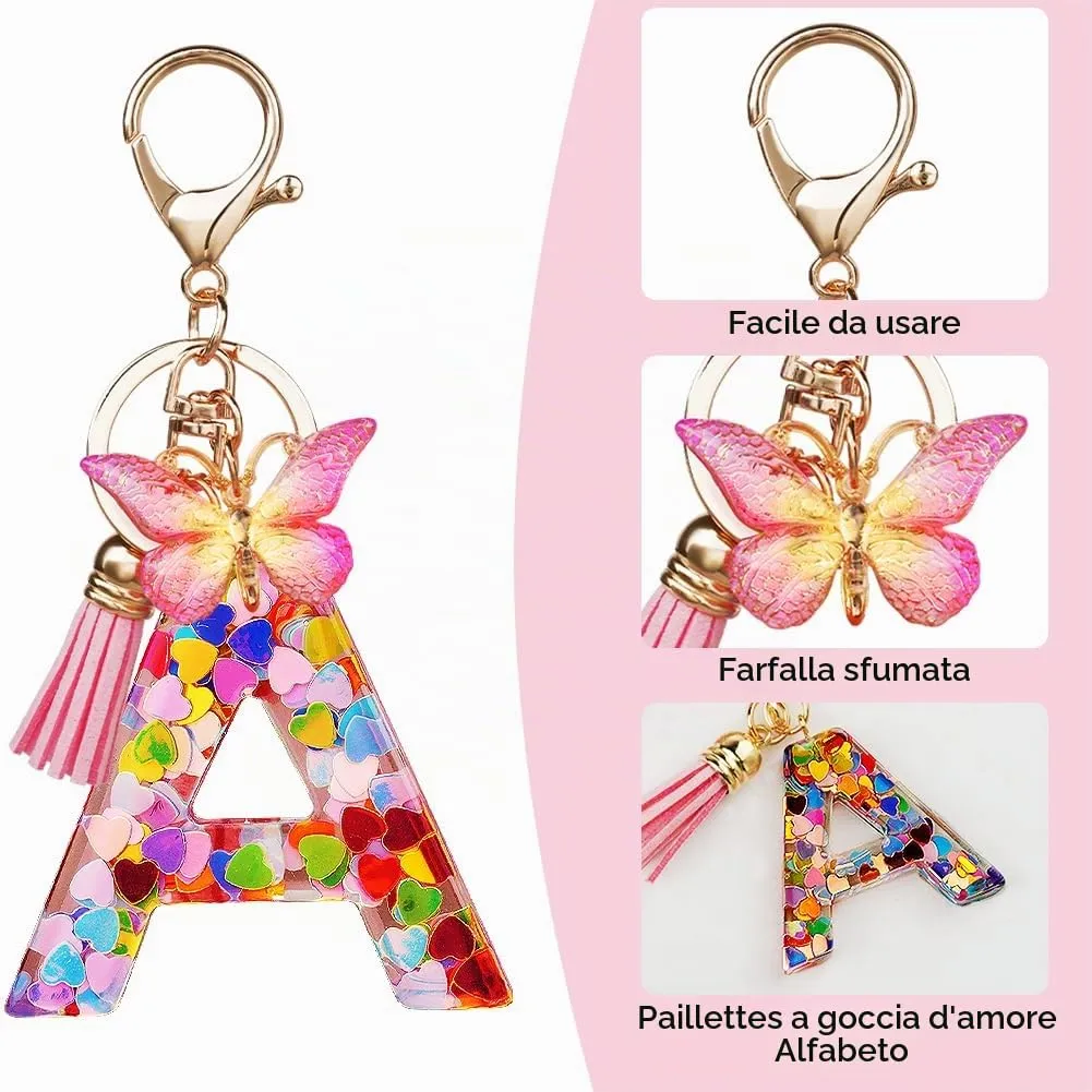 OSDUE Portachiavi Donna con Lettera A, Farfalla e Nappa Rosa - immagine 4
